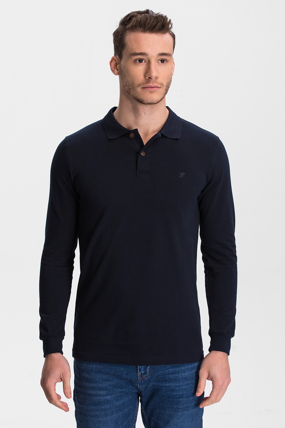 100% Cotton Long Sleeve Polo T-shirt - Navy