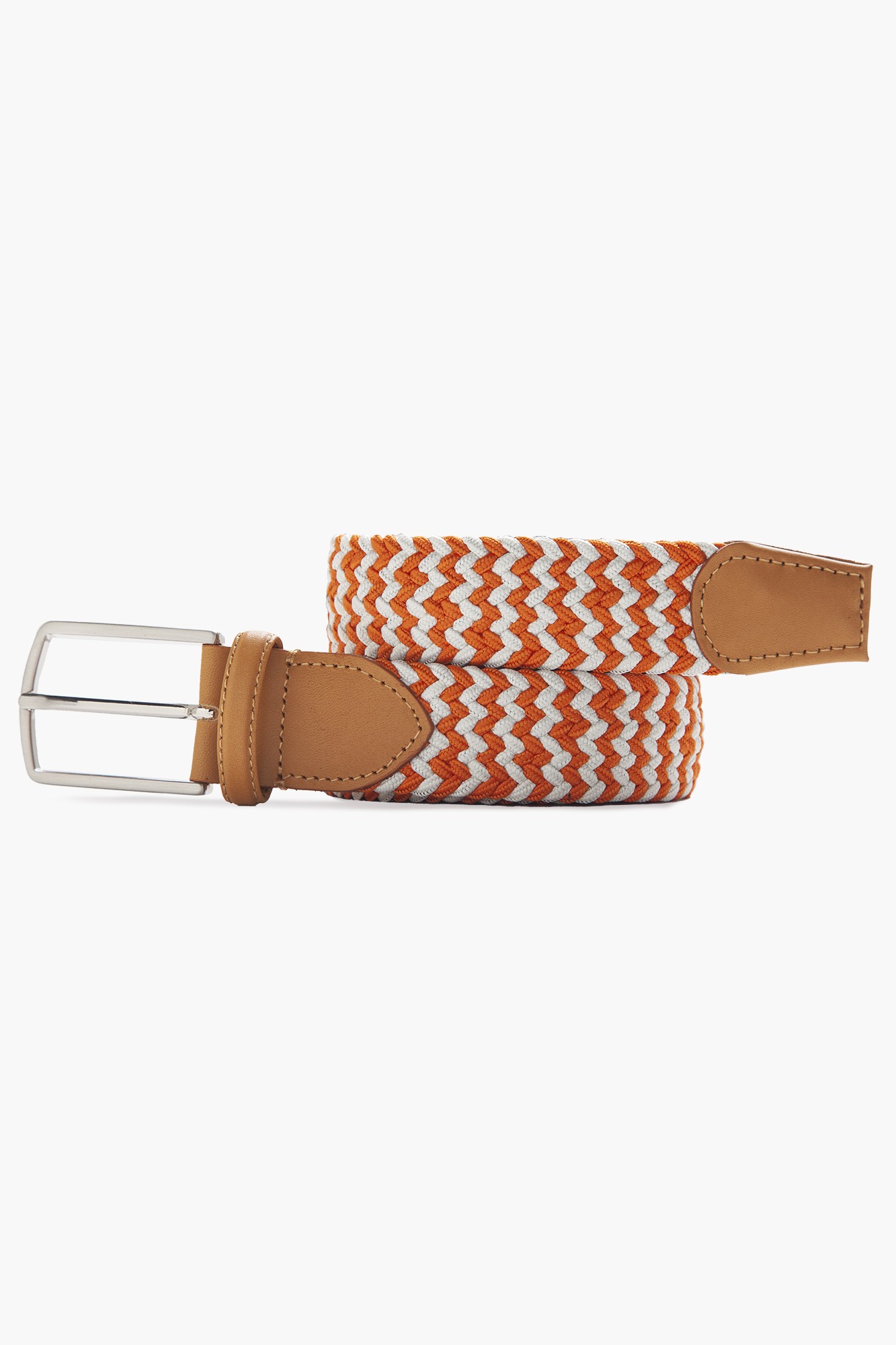 Elastic Knit Belt with Genuine Leather - Orange White