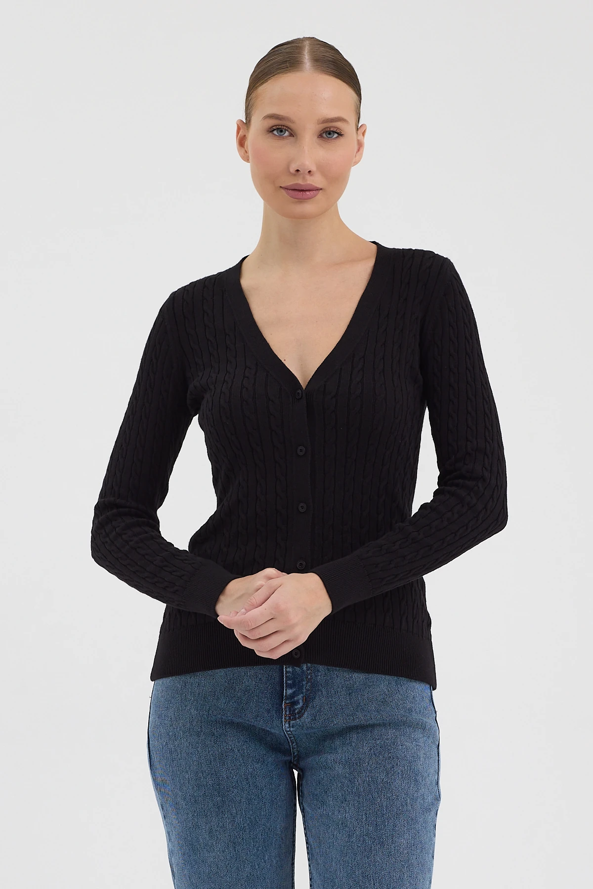 Kadın %100 Pamuk Saç Örgü Triko Hırka - Siyah