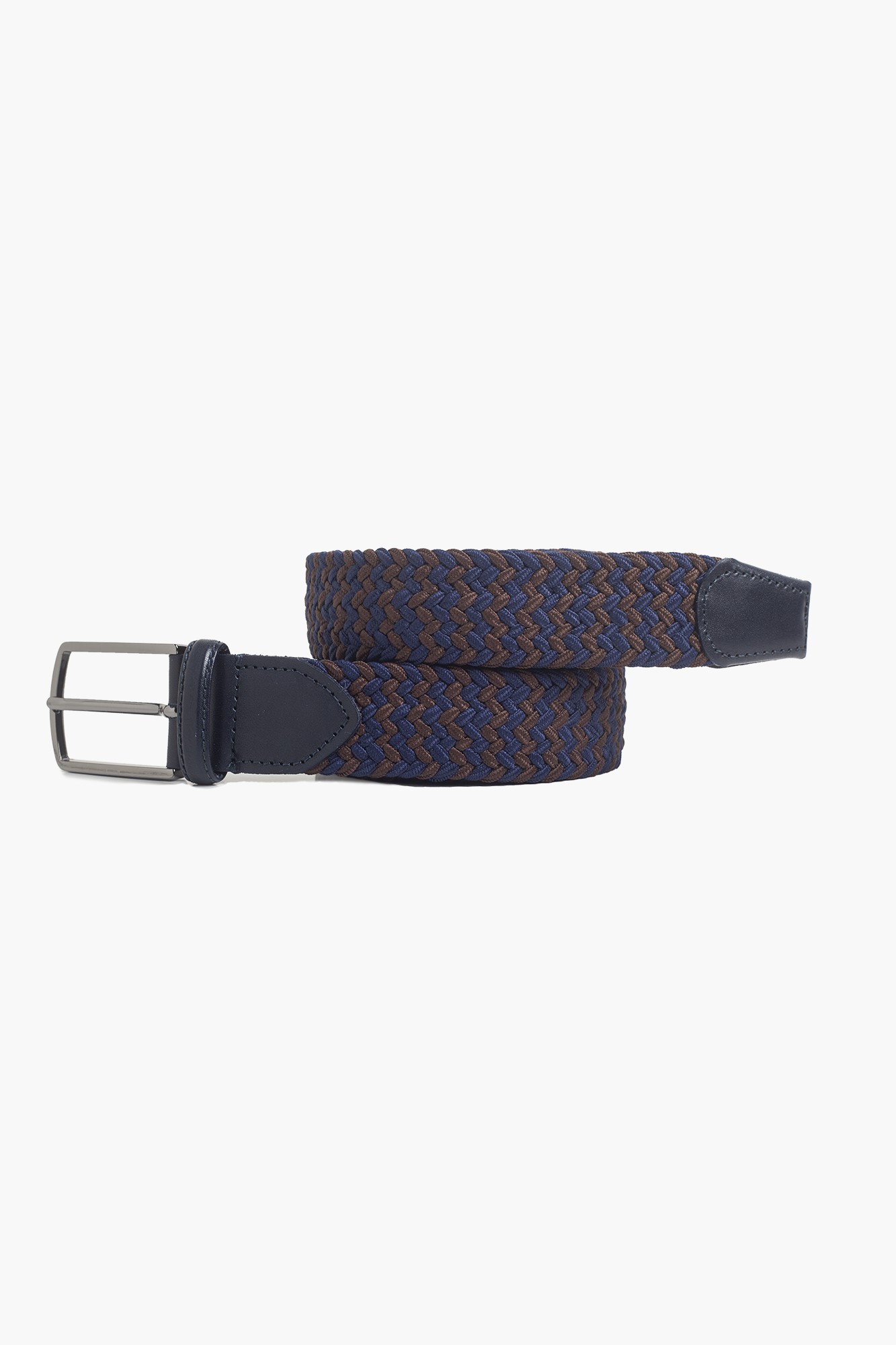 Elastic Knit Belt with Genuine Leather - Navy Brown
