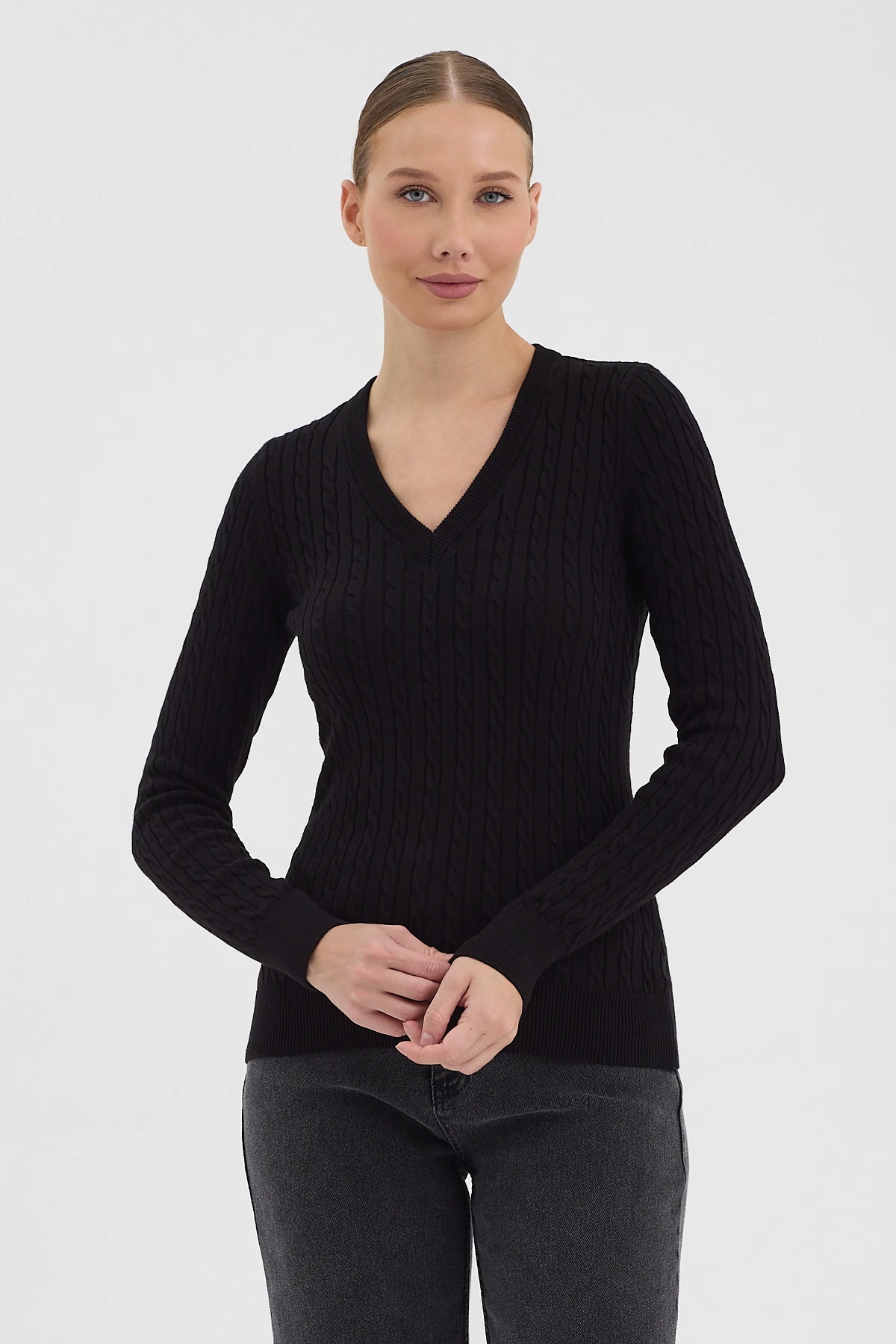 Kadın %100 Pamuk Saç Örgü V Yaka Triko - Siyah