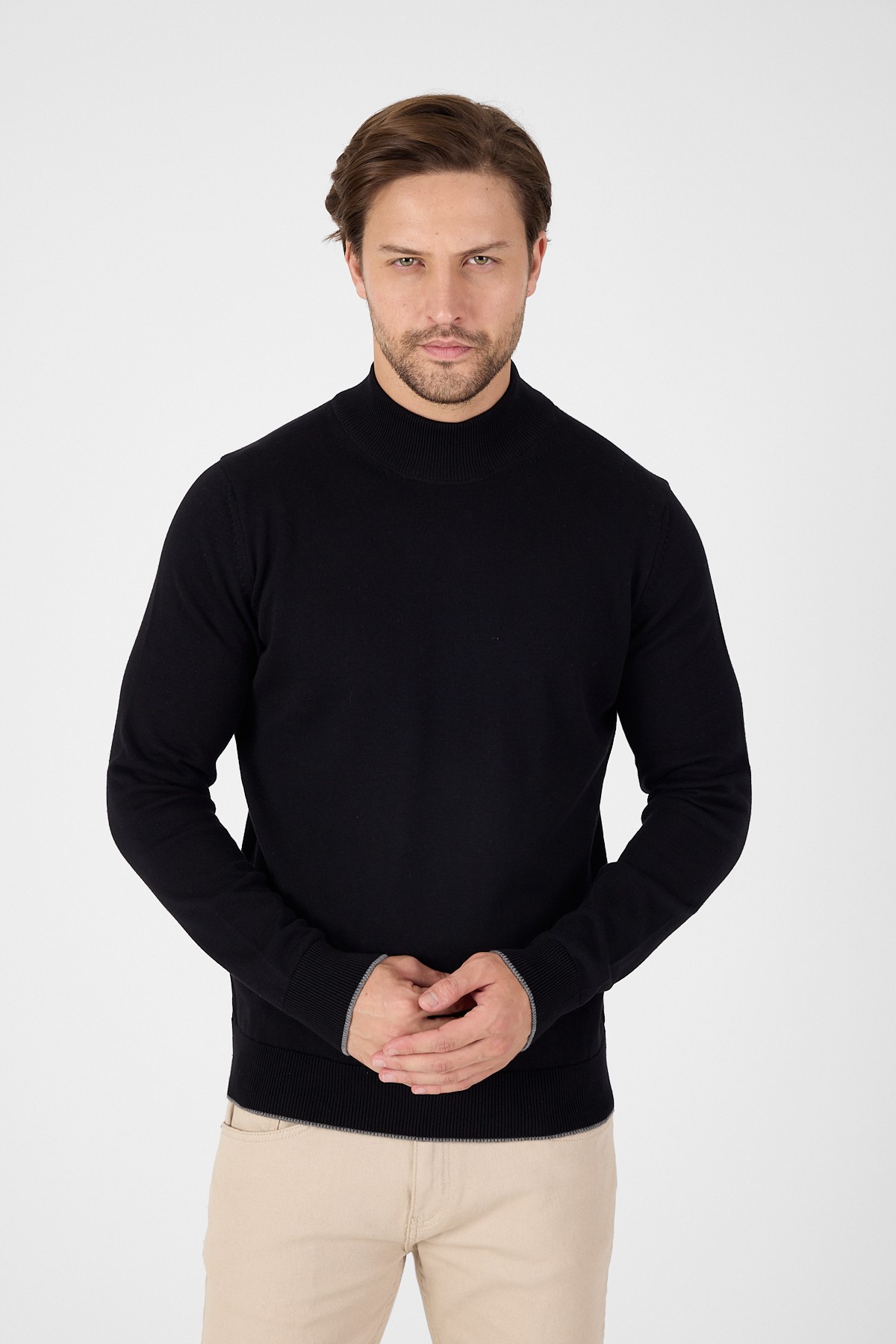 Pure 100% Cotton Mock Neck Sweater - Black