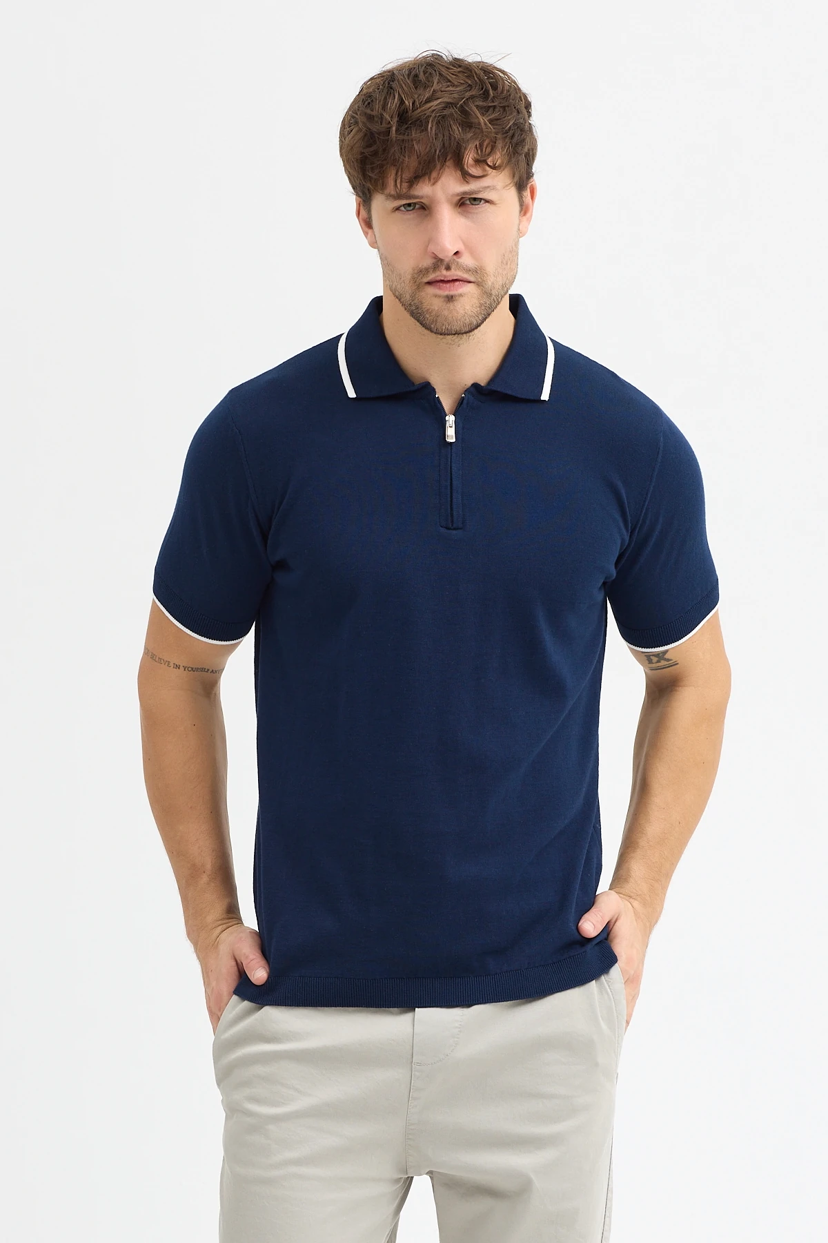 %100 Pamuk Biyeli Yarım Fermuarlı Polo Yaka Triko Tişört - Lacivert