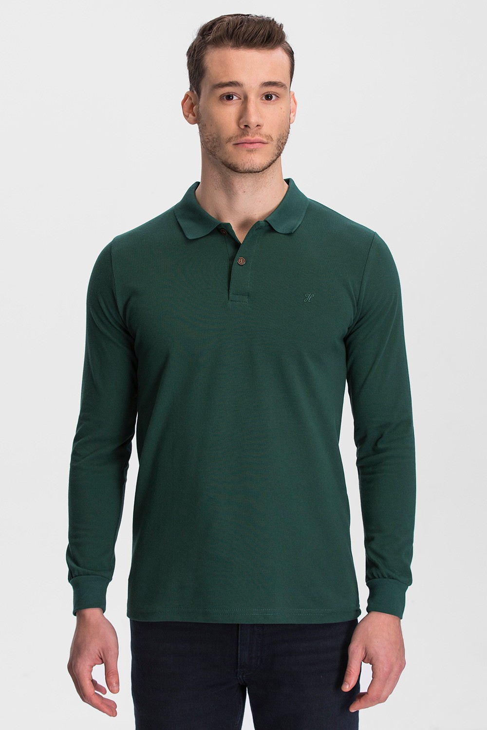 100% Cotton Long Sleeve Polo T-shirt - Nefti Yeşil