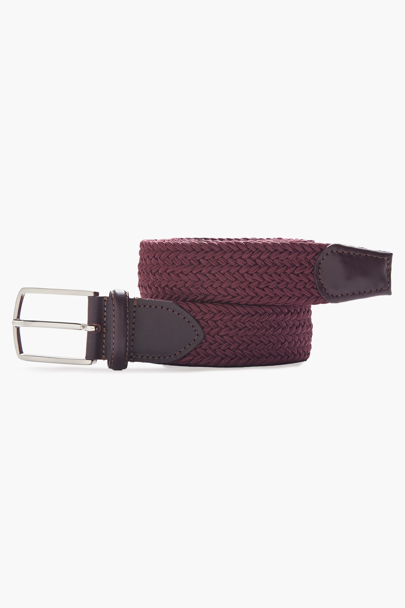Elastic Knit Belt with Genuine Leather - Maroon