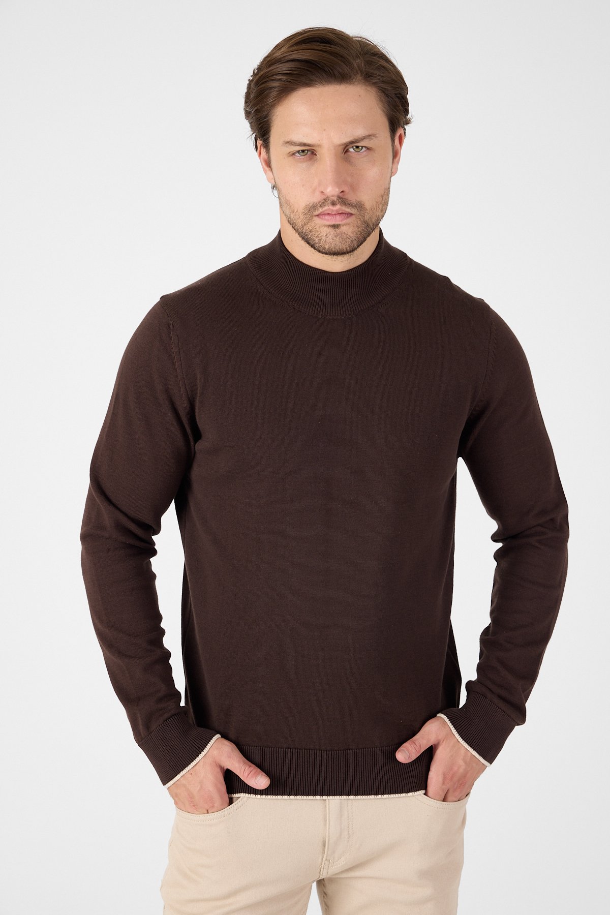 Pure 100% Cotton Mock Neck Sweater - Kahverengi