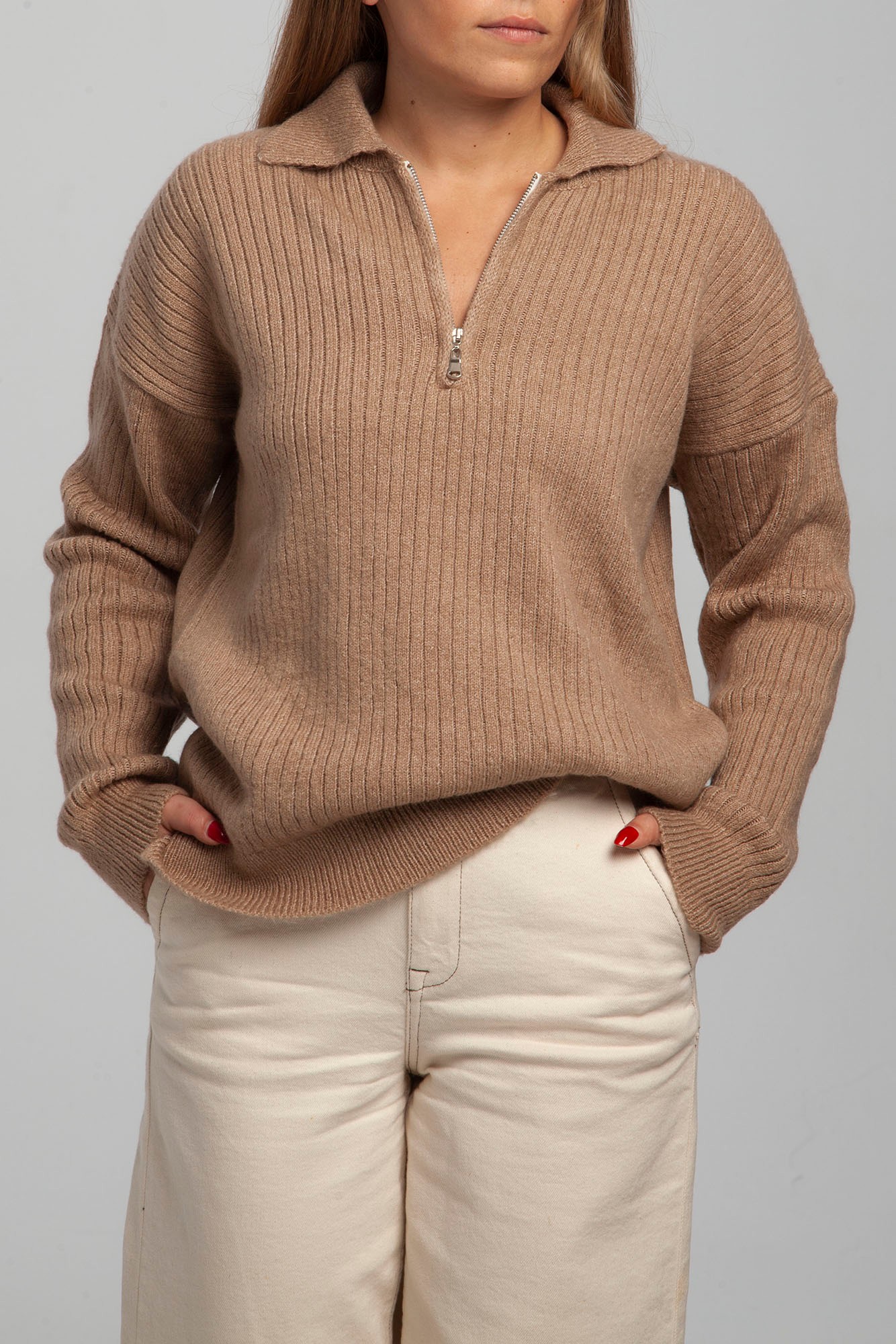 Yarım Fermuarlı Oversize Polo Yaka Kazak - Camel