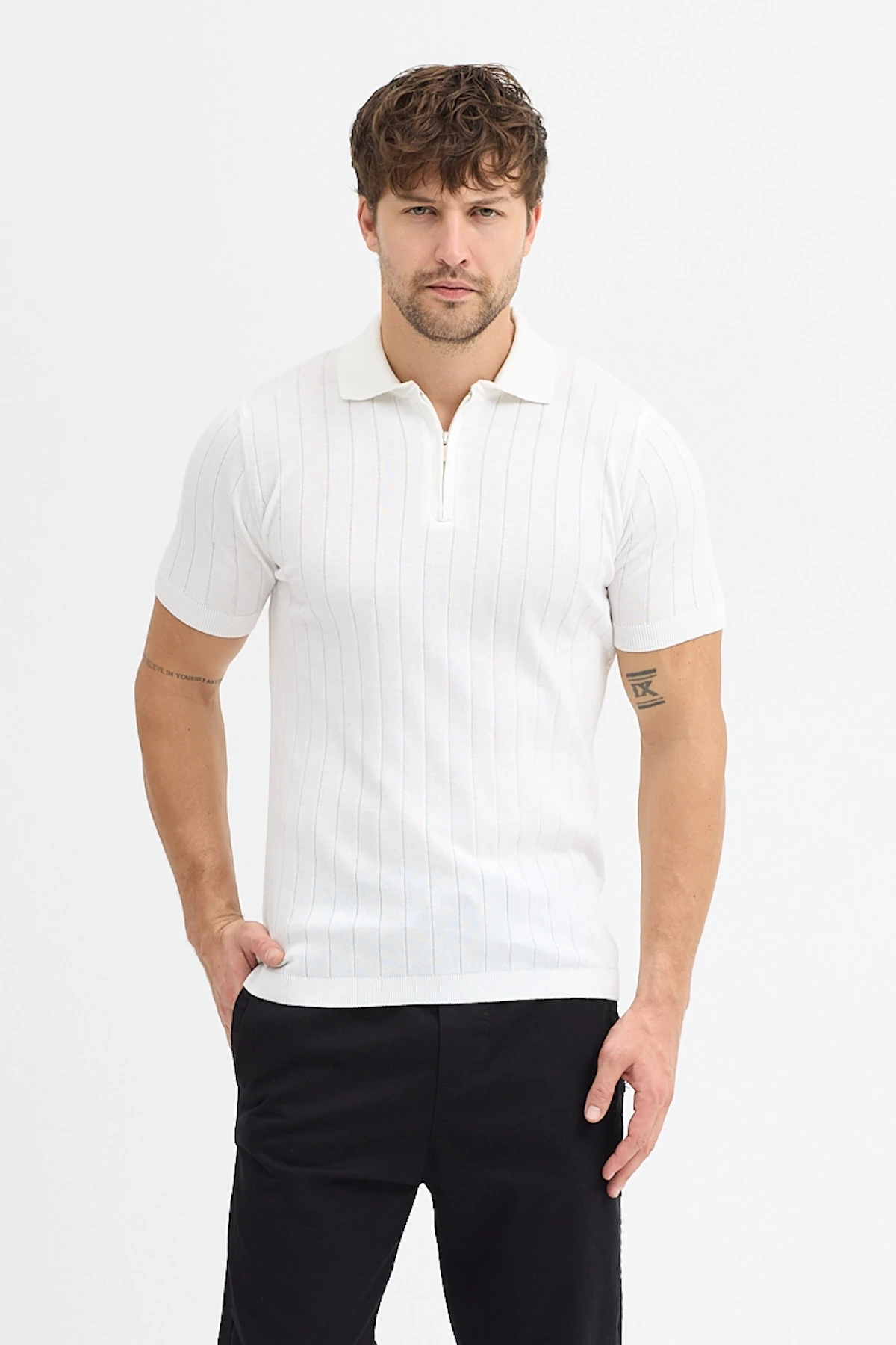 %100 Pamuk Yarım Fermuarlı Polo Yaka Triko Tişört - Beyaz