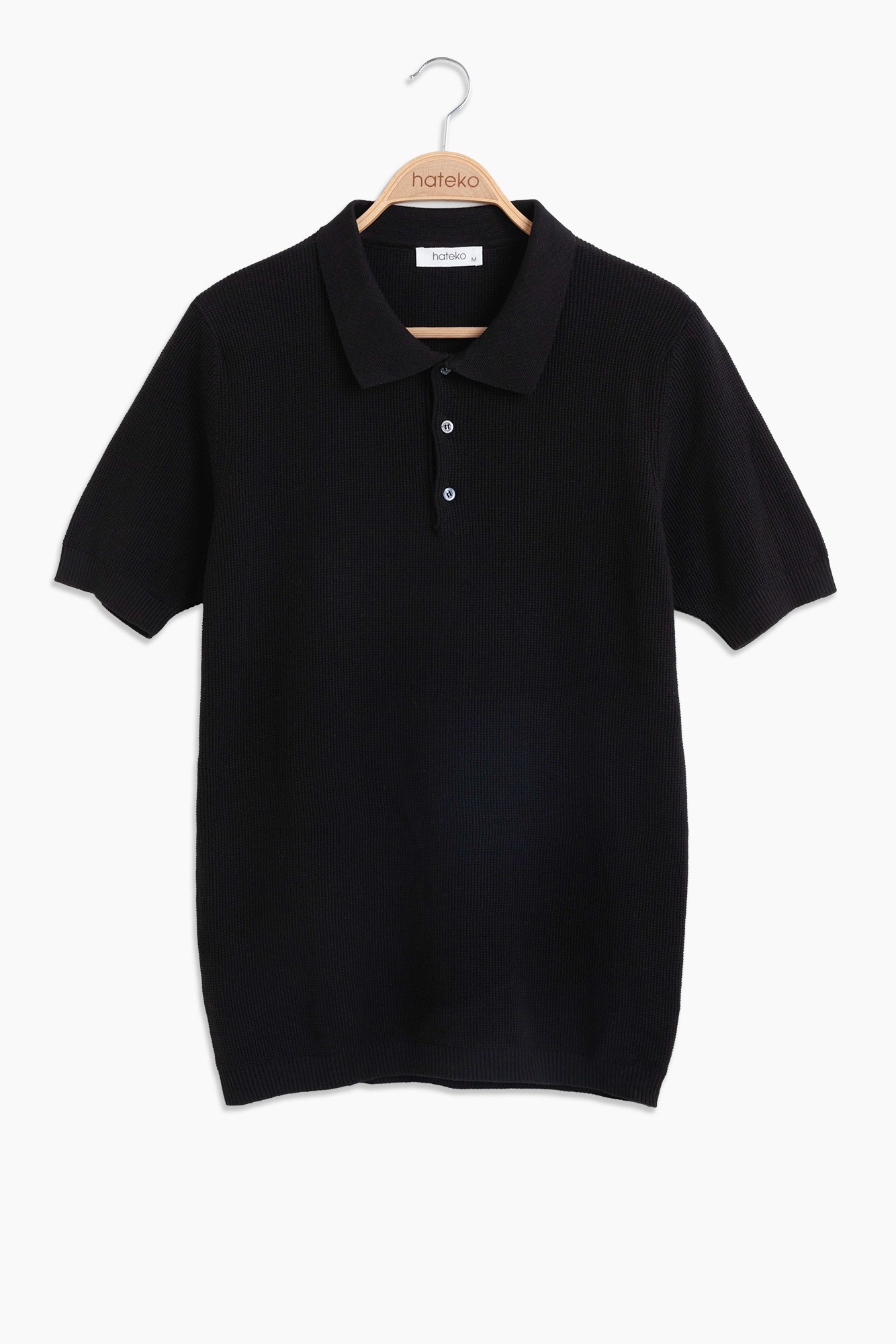 100% Cotton Waffle Knit Polo T-shirt - Black