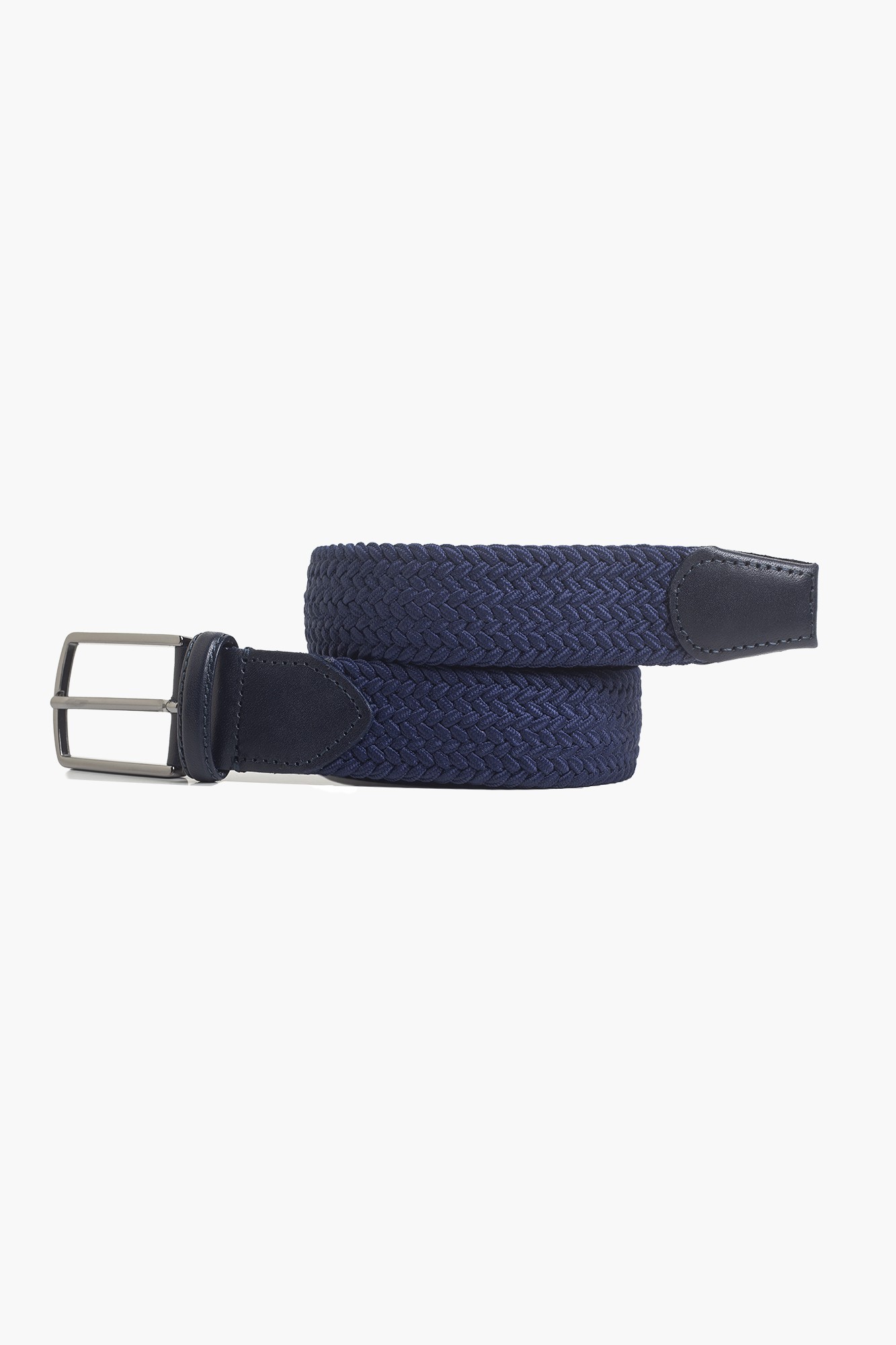 Elastic Knit Belt with Genuine Leather - Navy