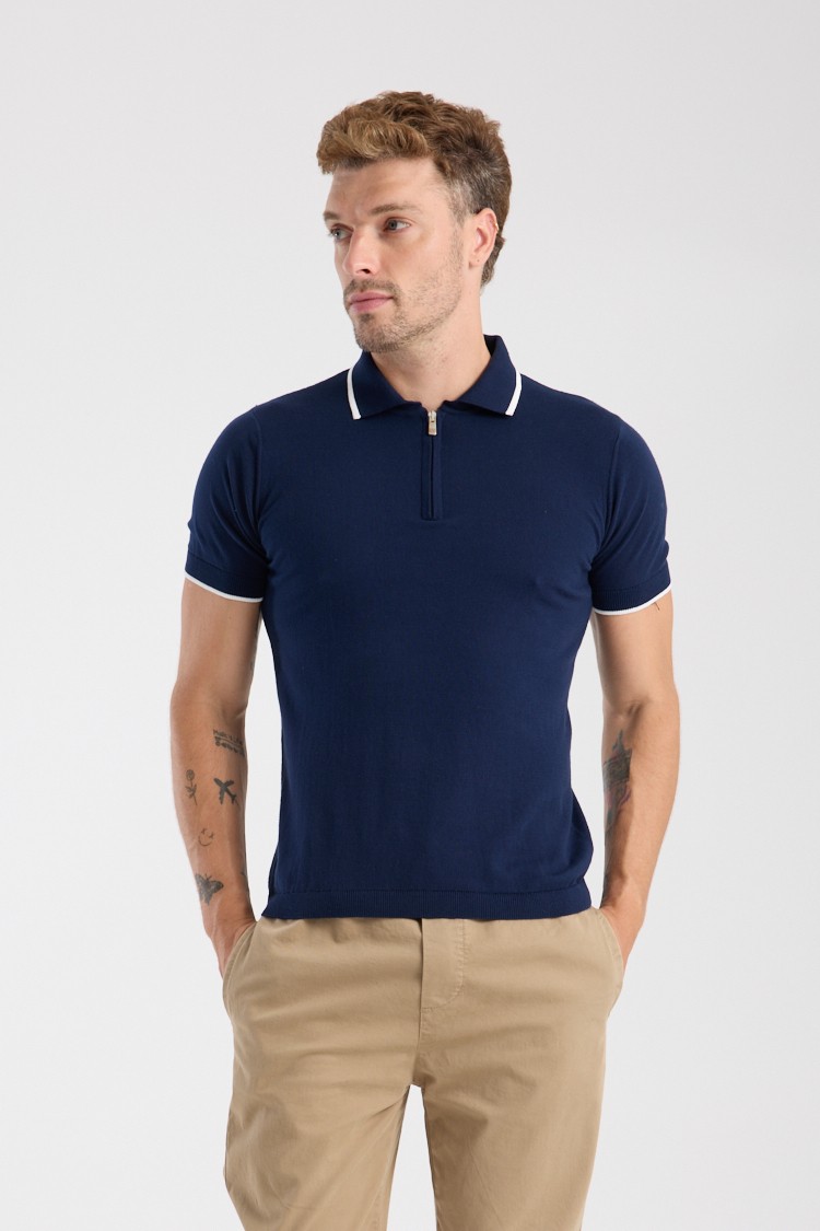 100% Cotton Quarter Zip Knit Polo - Navy