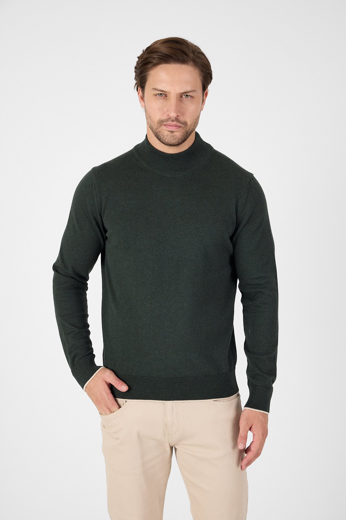 Pure 100% Cotton Mock Neck Sweater - Khaki