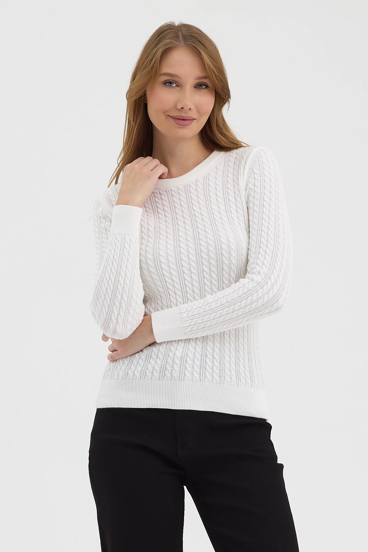 Kadın %100 Pamuk Saç Örgü Bisiklet Yaka Triko - Beyaz