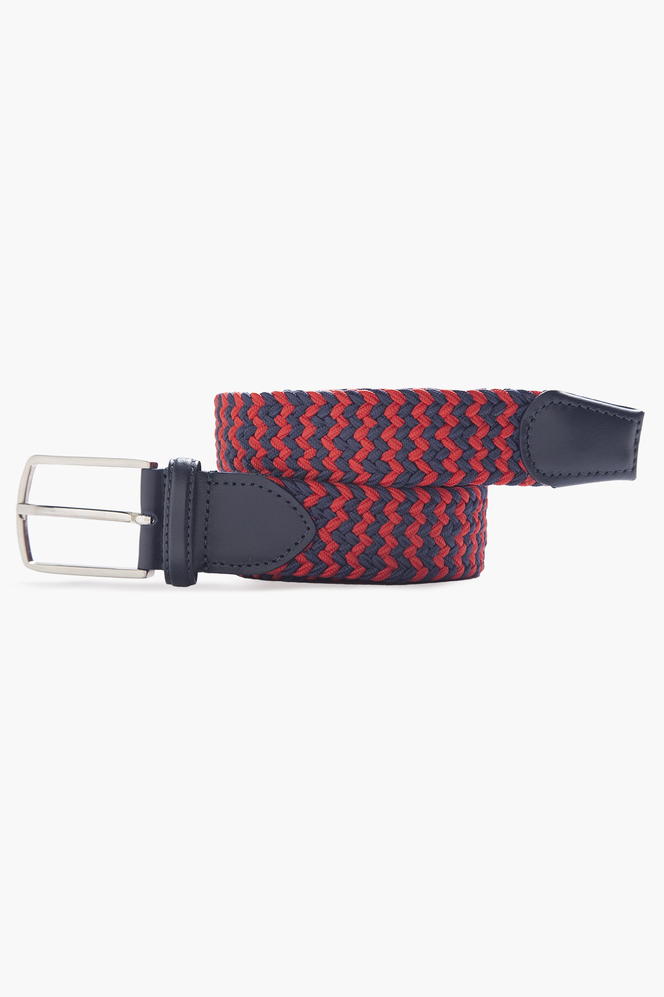 Elastic Knit Belt with Genuine Leather - Navy Red