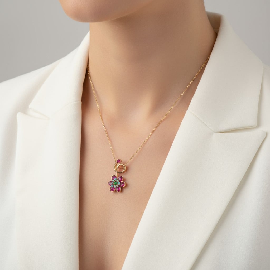 Zarif Çiçek Taşlı Kolye
