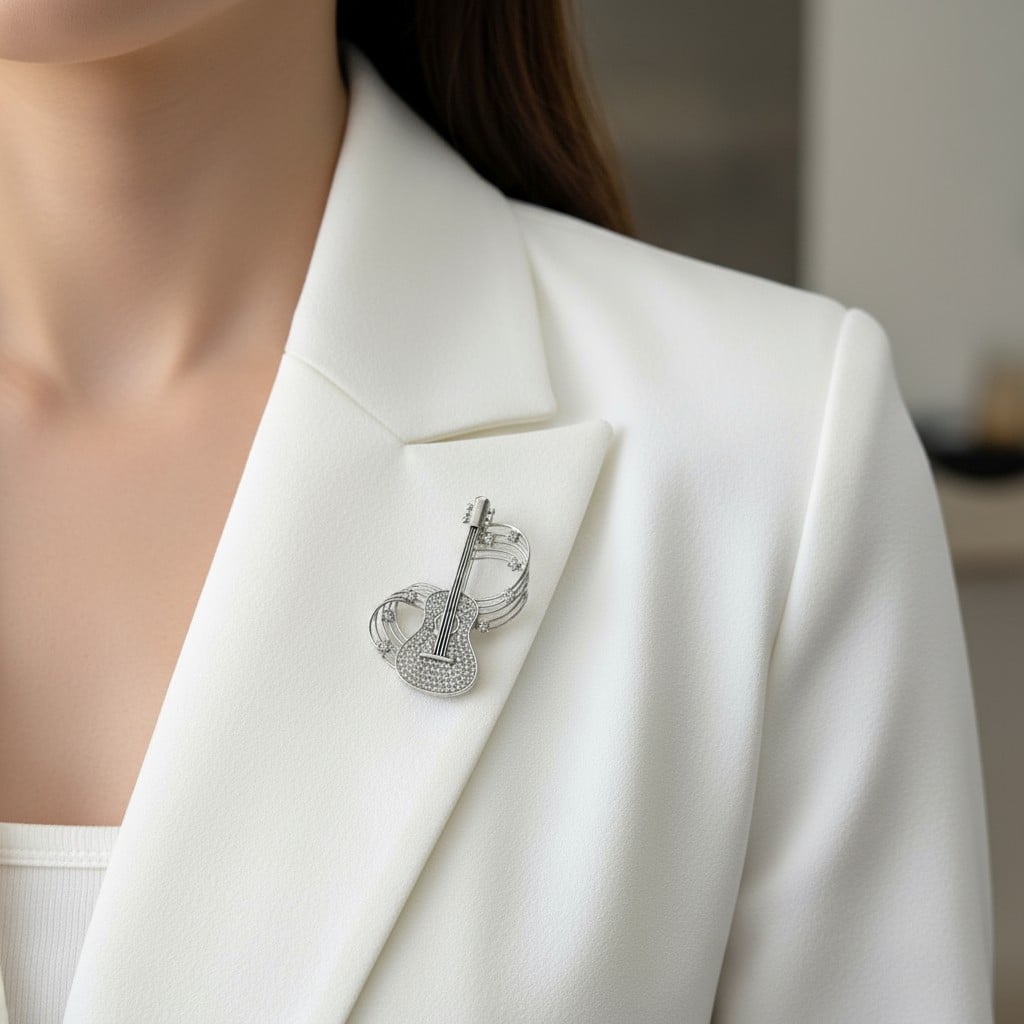 Gitar ve Nota Taşlı Broş