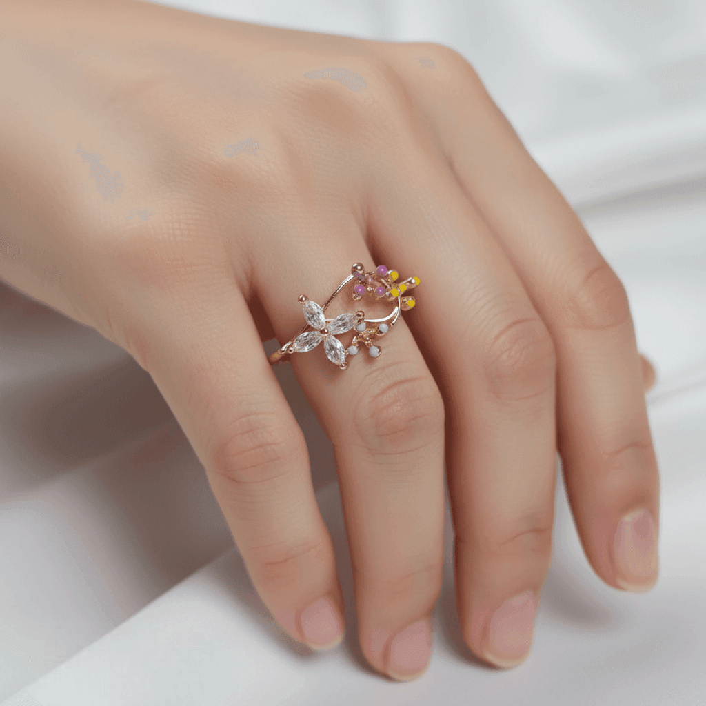 Renkli Çiçek Taşlı Gold Ayarlanabilir Yüzük