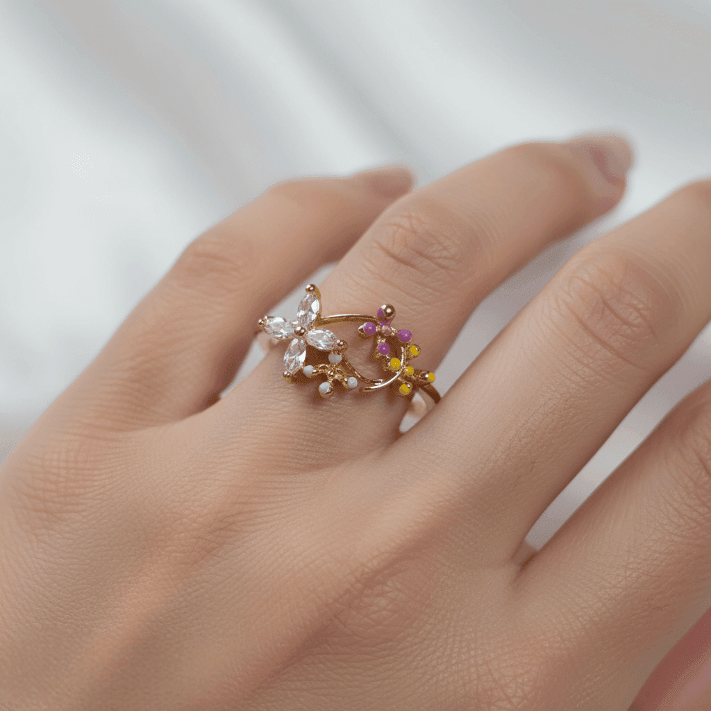 Renkli Çiçek Taşlı Gold Ayarlanabilir Yüzük