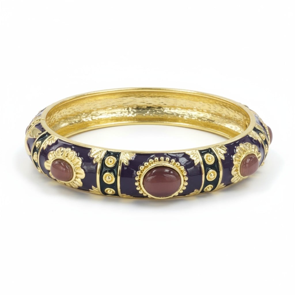 Lüks Desenli Mineli Kelepçe Bileklik - Mor