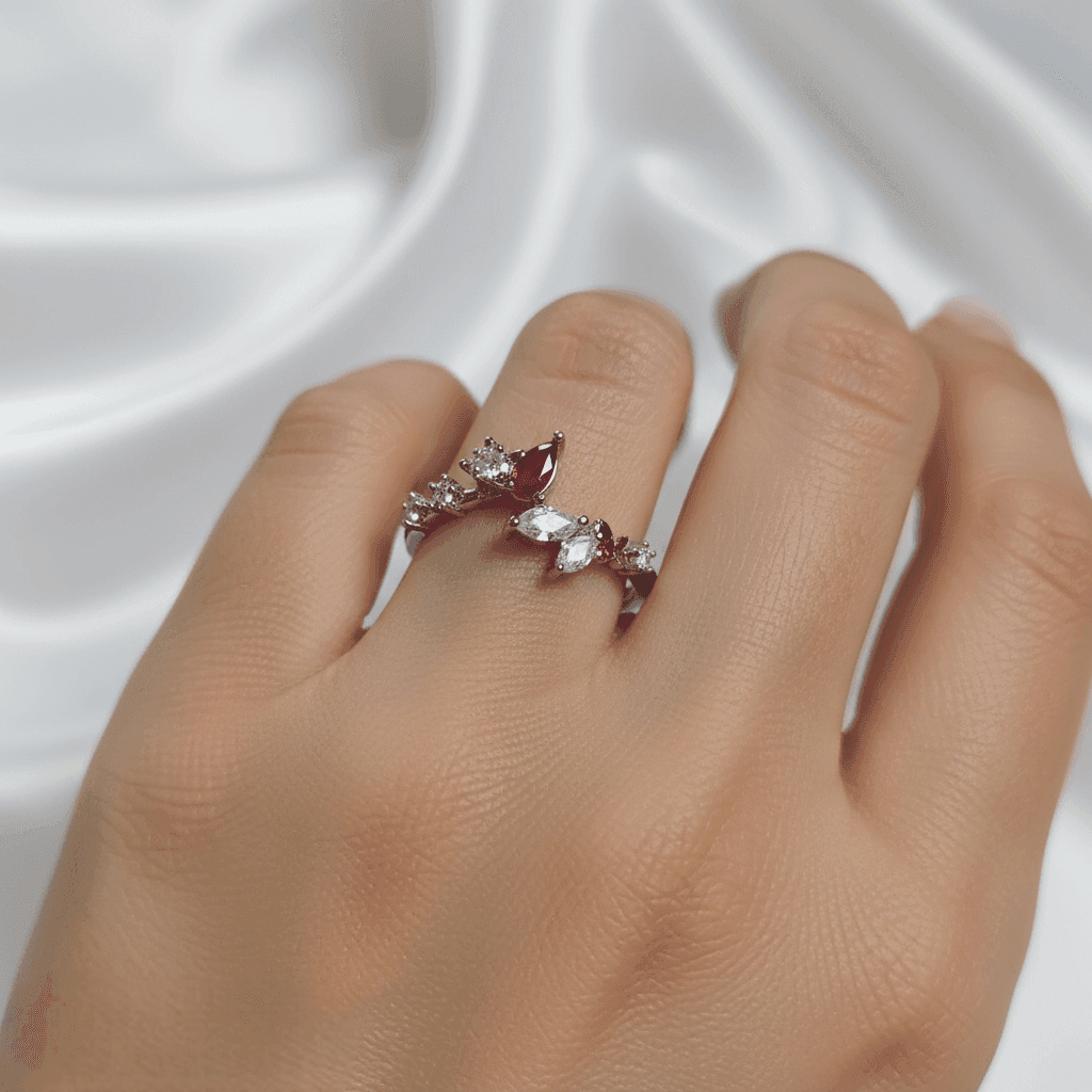 Kırmızı Taşlı Zarif Ayarlanabilir Yüzük