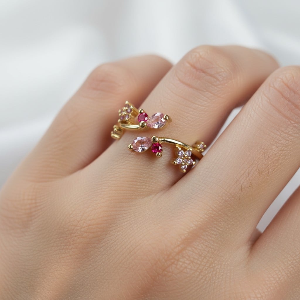Pembe Çiçek Taşlı Gold Ayarlanabilir Yüzük