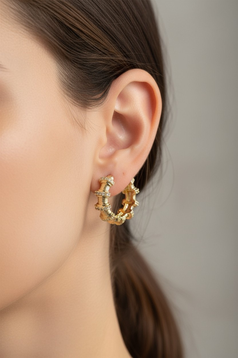 Spiral Taşlı Gold Halka Küpe