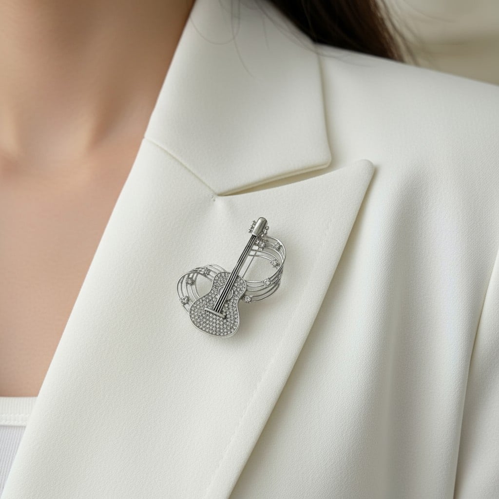 Gitar ve Nota Taşlı Broş