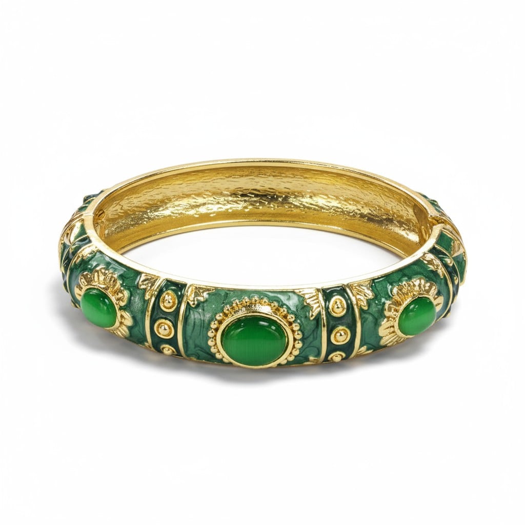 Lüks Desenli Mineli Kelepçe Bileklik - Yeşil