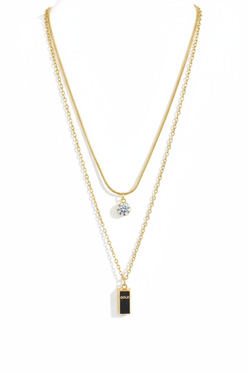 Külçe Altın Desenli Çift Zincirli Çelik Kolye