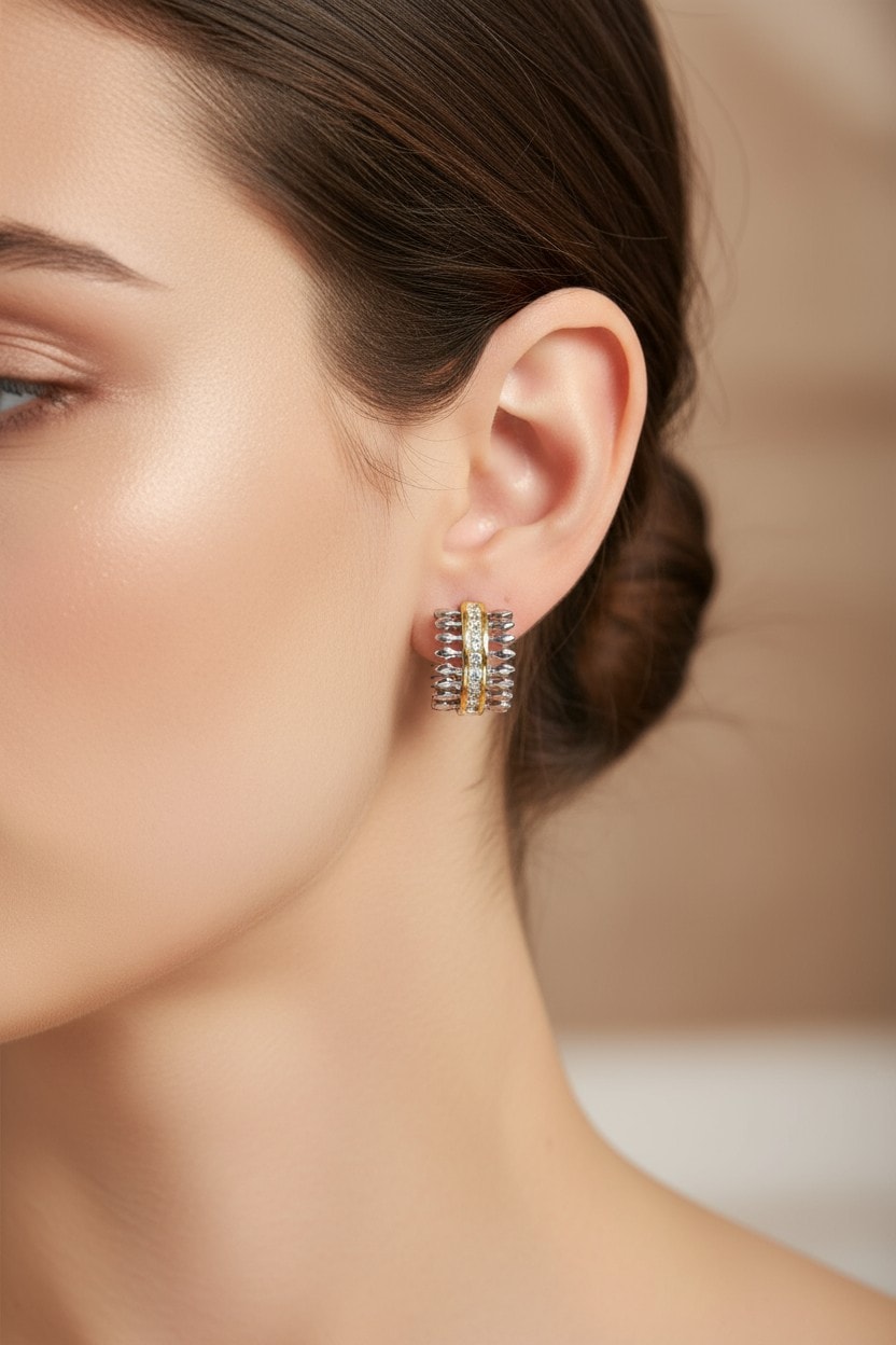 Altın Çizgili Taşlı Küpe