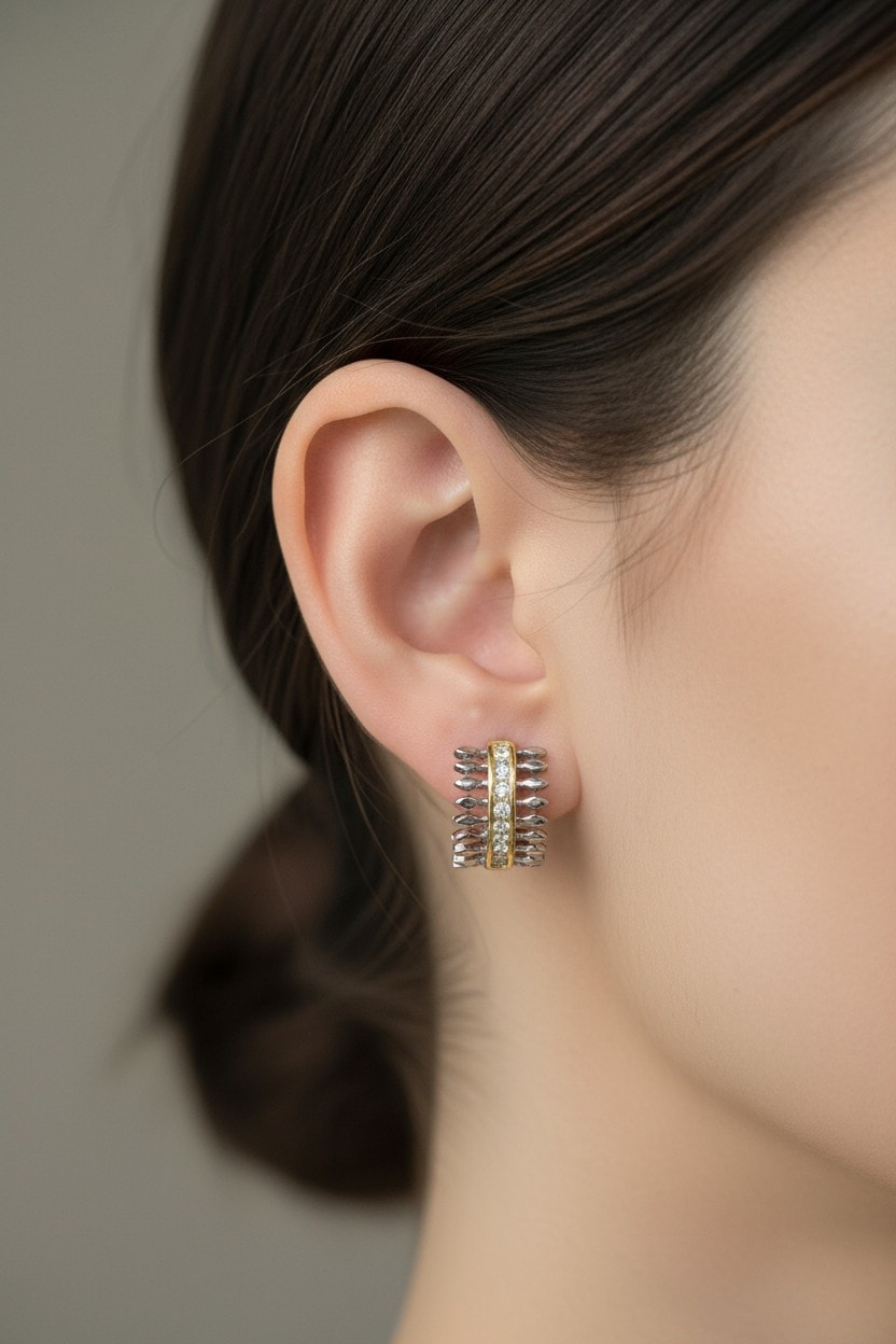 Altın Çizgili Taşlı Küpe