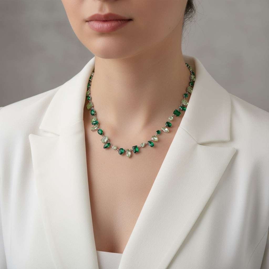 Özel Tasarım Taşlı Kolye - Yeşil Gümüş