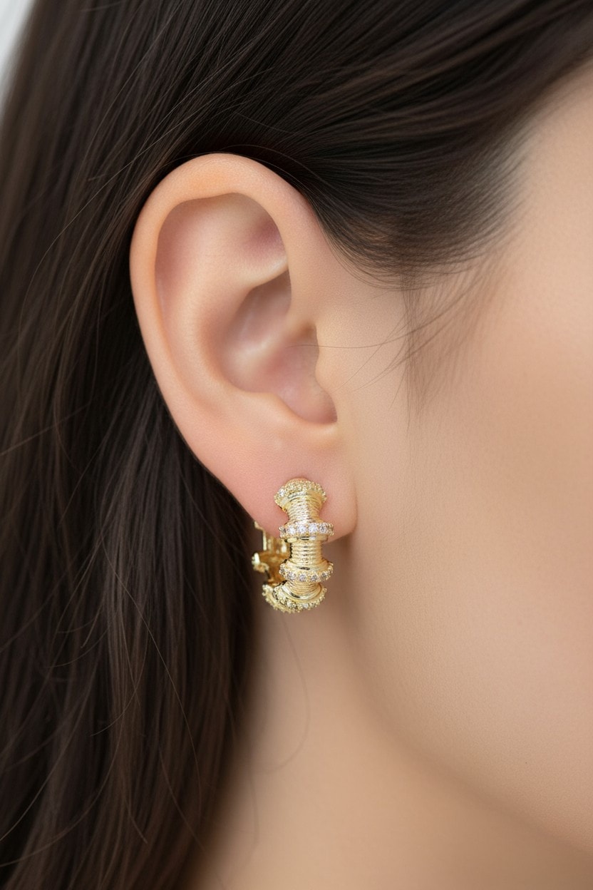 Spiral Taşlı Gold Halka Küpe