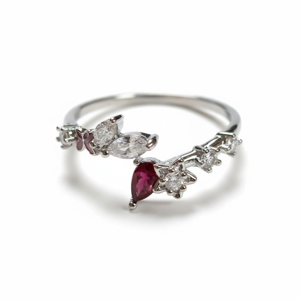 Kırmızı Taşlı Zarif Ayarlanabilir Yüzük