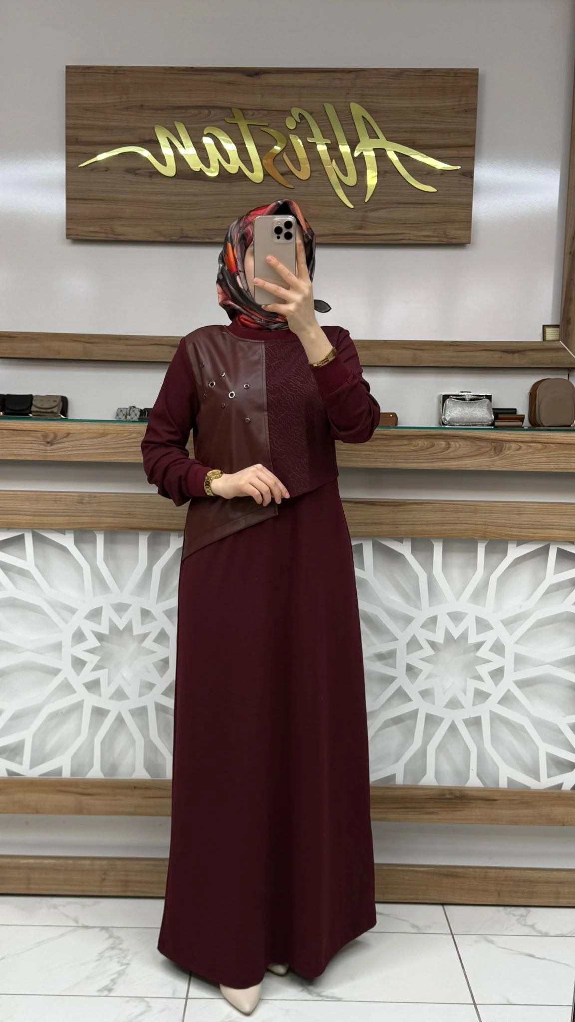 Deri ve Kuş Gözü Detaylı  Elbise çnrö 2251 - Bordo