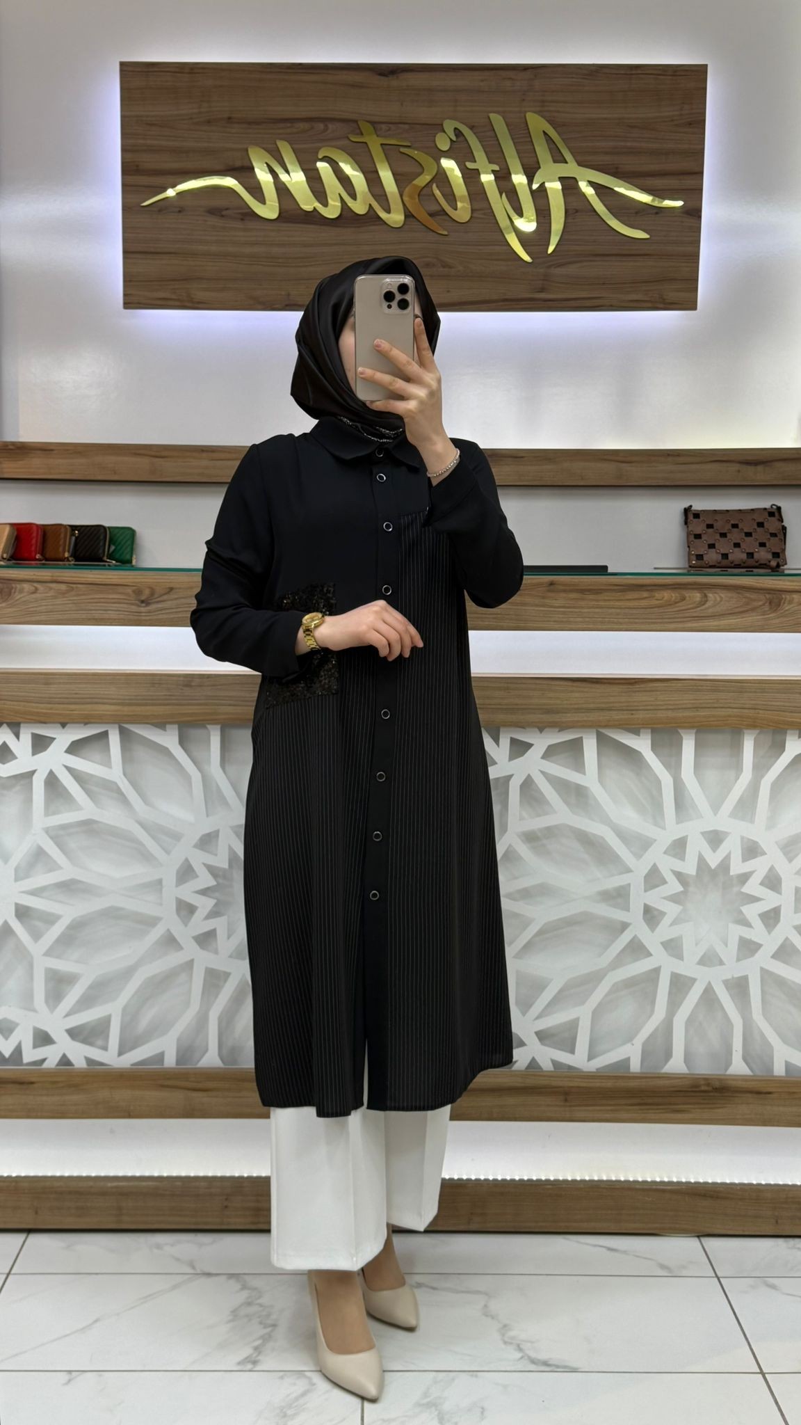 Çizgili Pul Payetli Tesettür  Tunik SİYAH qtn 2921