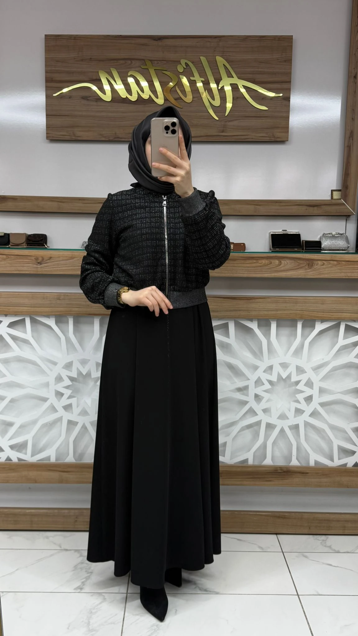 Desenli Bomber Ceket Elbise Siyah İkili Takım ZÜHRE TK-1662