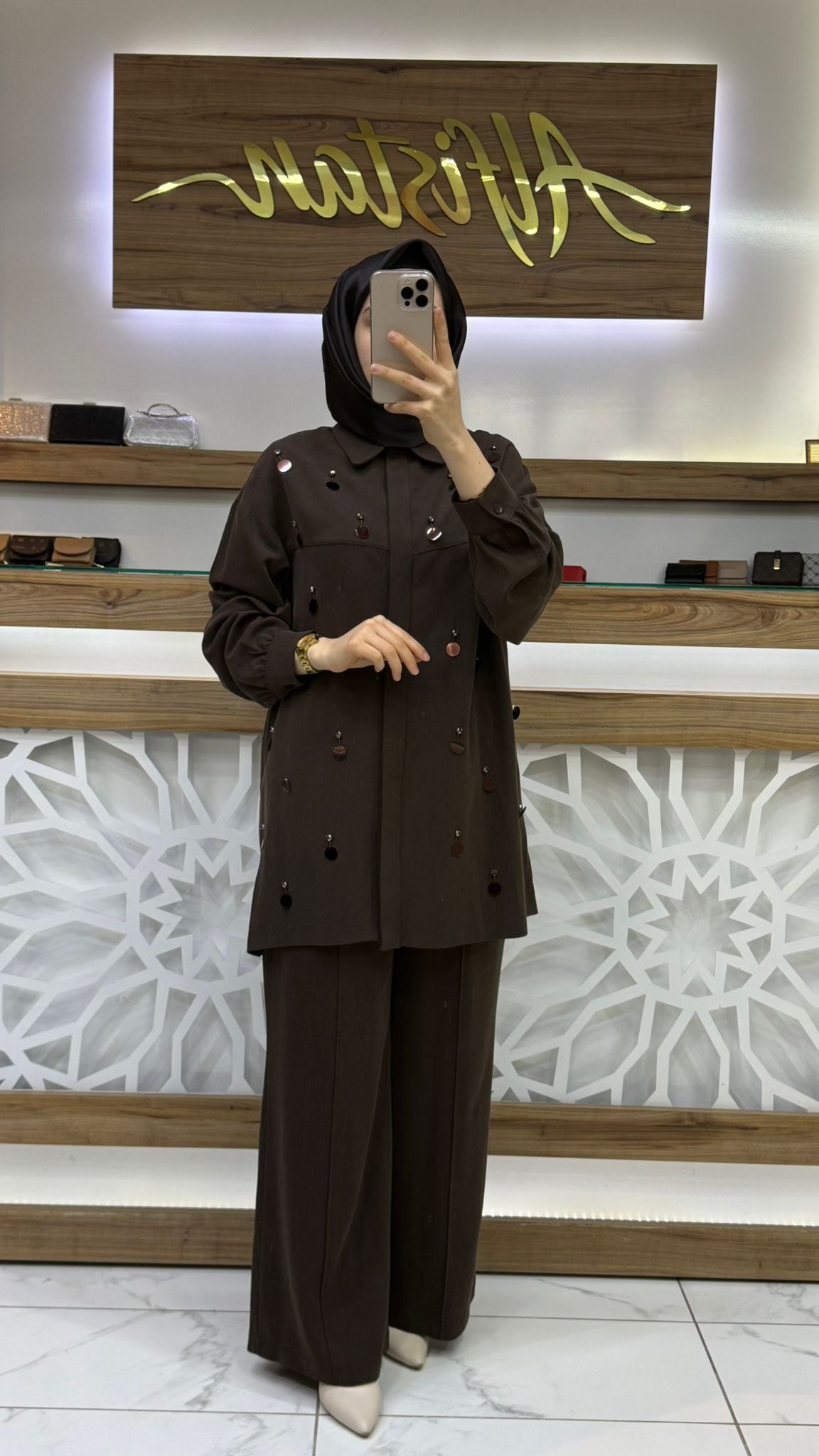 Pul ve Taş Detaylı Tensel Pantolonlu İkili Takım nuss 26K1131 - Kahvrengi