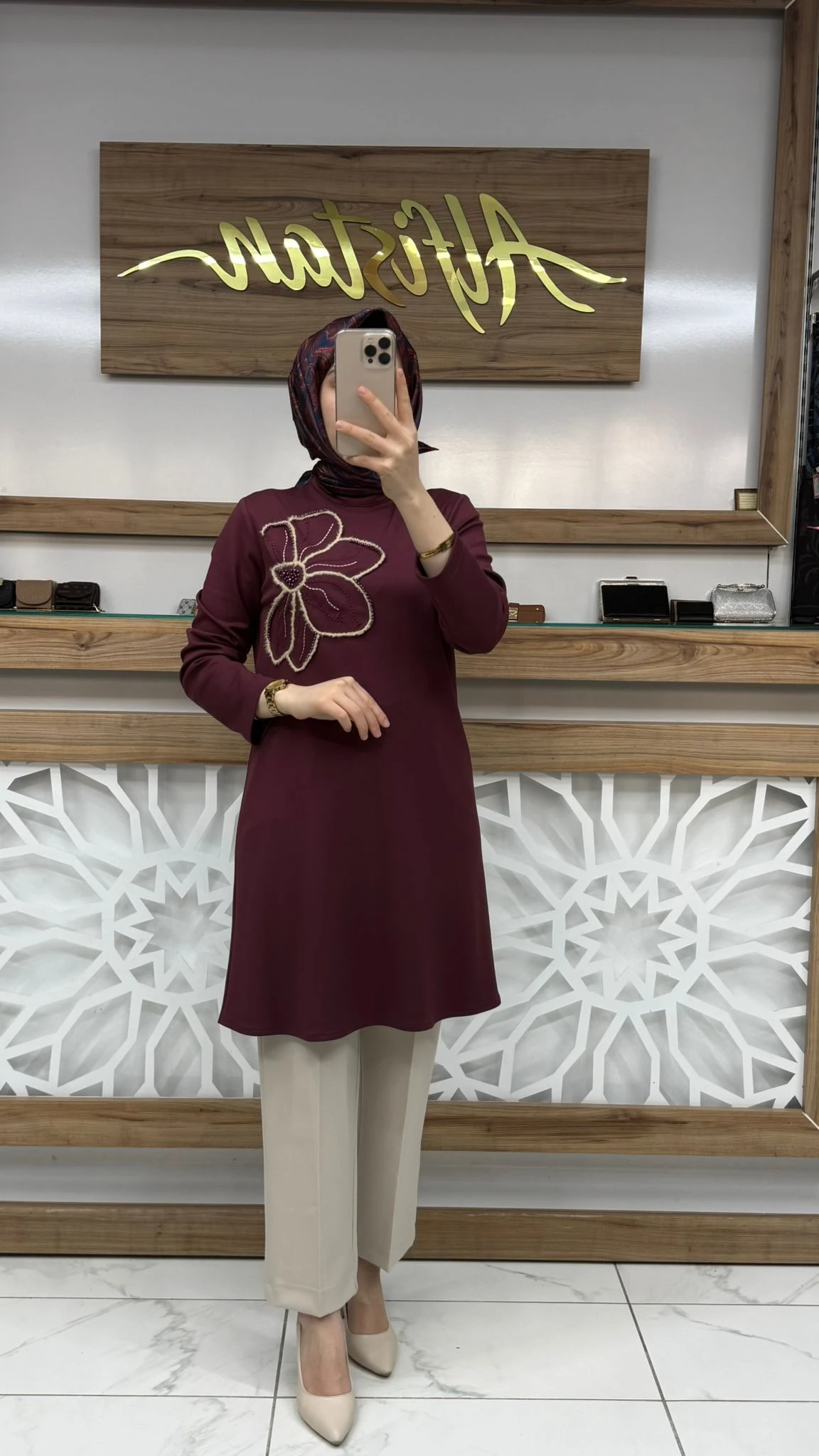 Önü Taş İşlemeli Tunik haya A1625 - Bordo