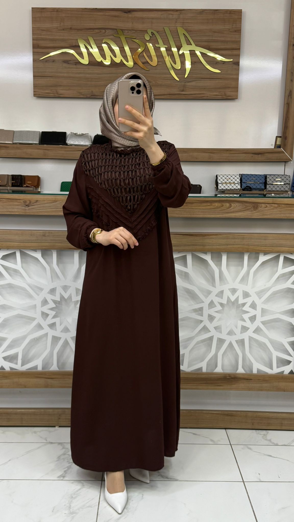 File Detaylı Nervür Garnili Viskon Elbise 561 - kahverengi