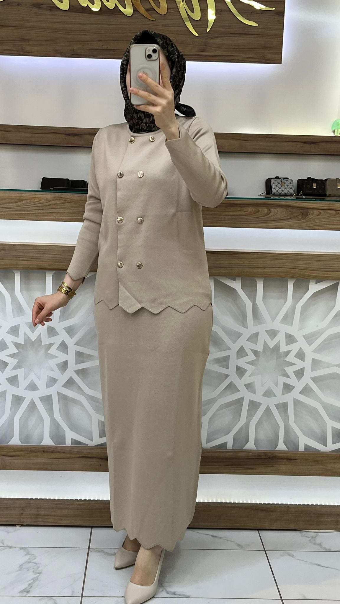 Çift Düğmeli Etekli Takım armn 25YTD6118 - bej
