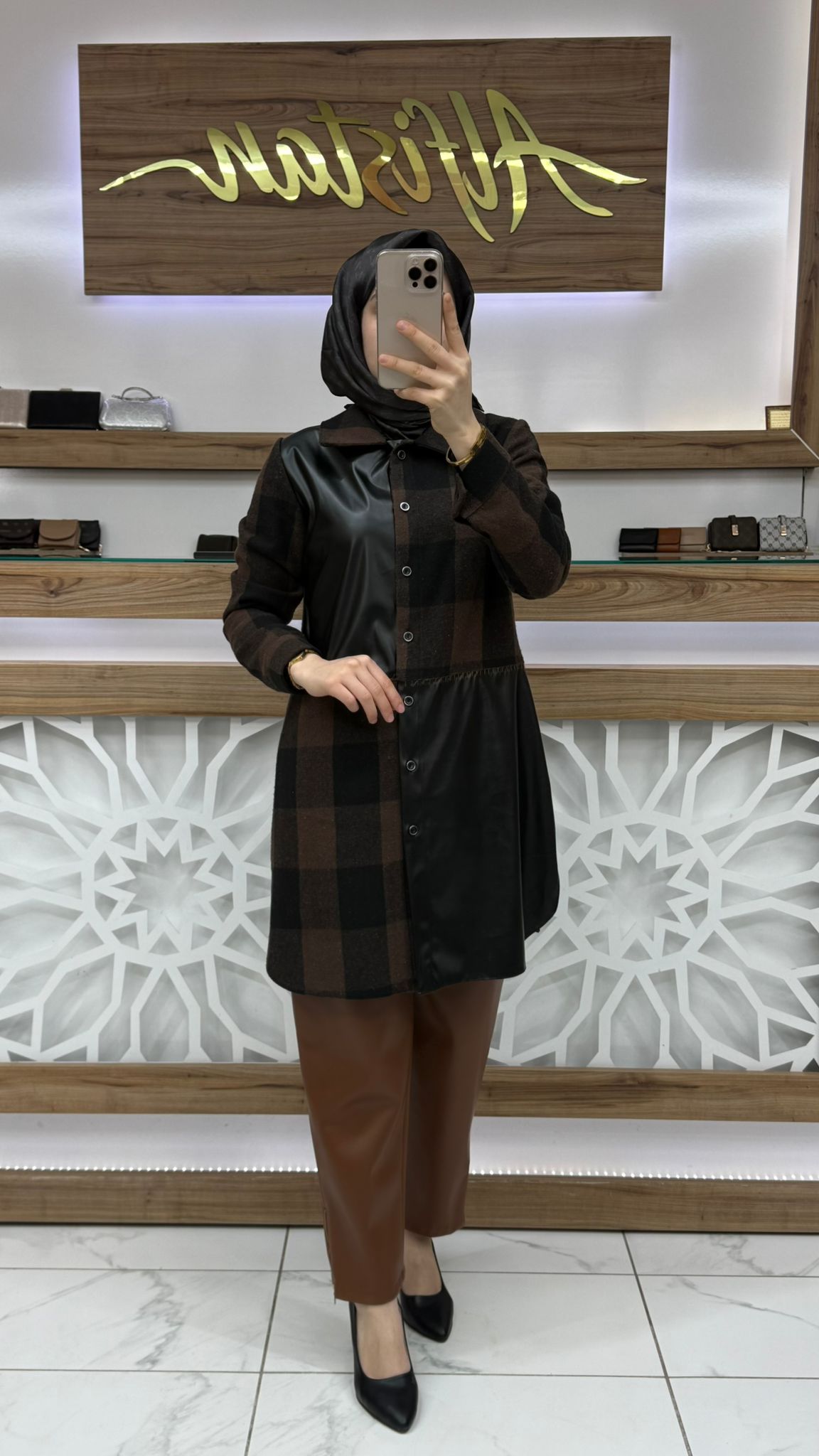 Ekoseli Deri Detaylı Oduncu Gömlek Tunik qtn 4958 - taba