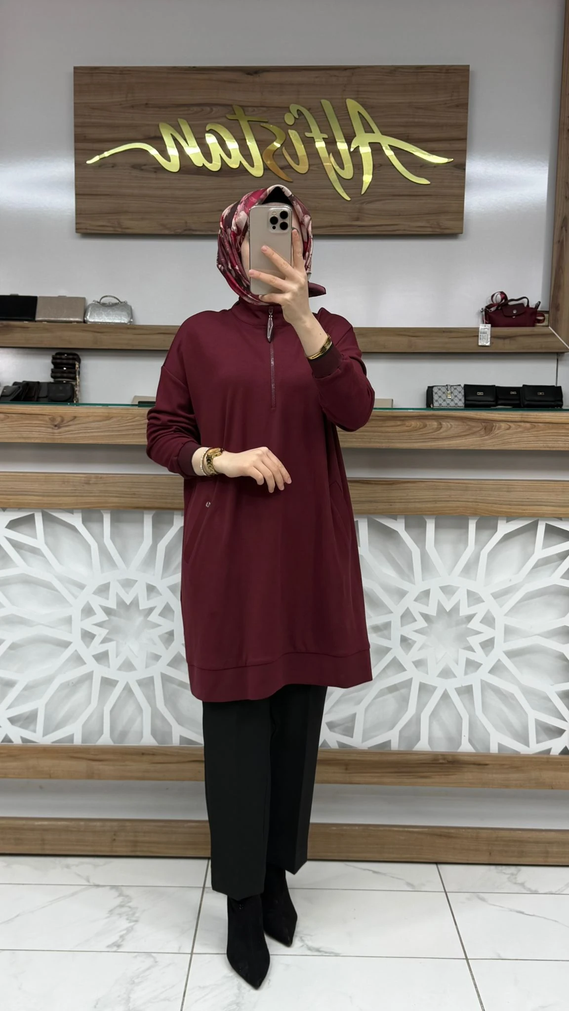 Fermuarlı Ribana Detaylı Kol ağızları Yarı fermuarlı Tunik armn 25KT461 - Bordo