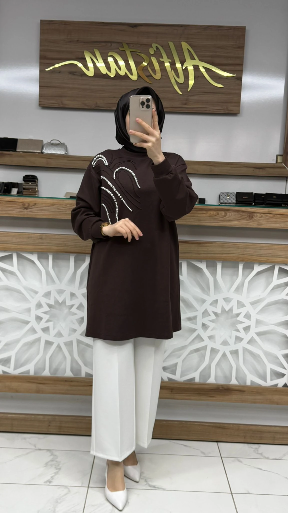 Önü İnci Taş İşlemeli Tunik lvdr 1012 - Kahvrengi