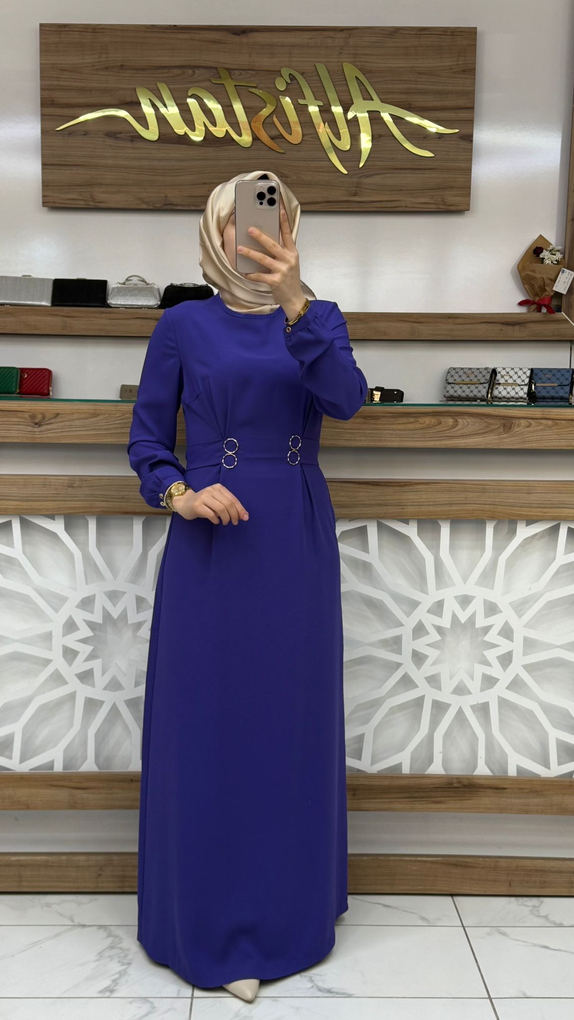 Beli Halka Detay Kemerli Elbise armn 25YT926 - indigo