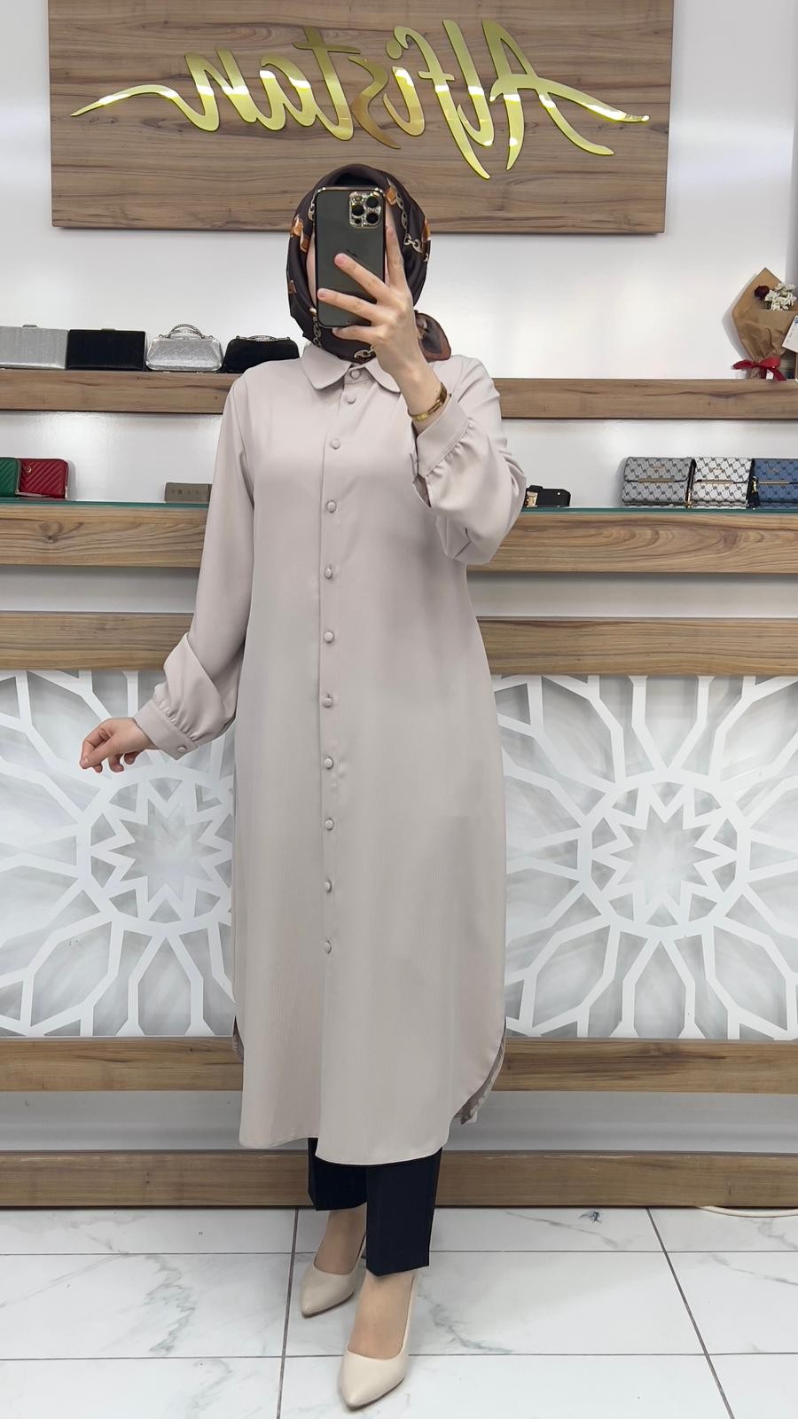  Çizgili Kadın Tesettür Taşlı Tunik SİYAH qtn 2971
