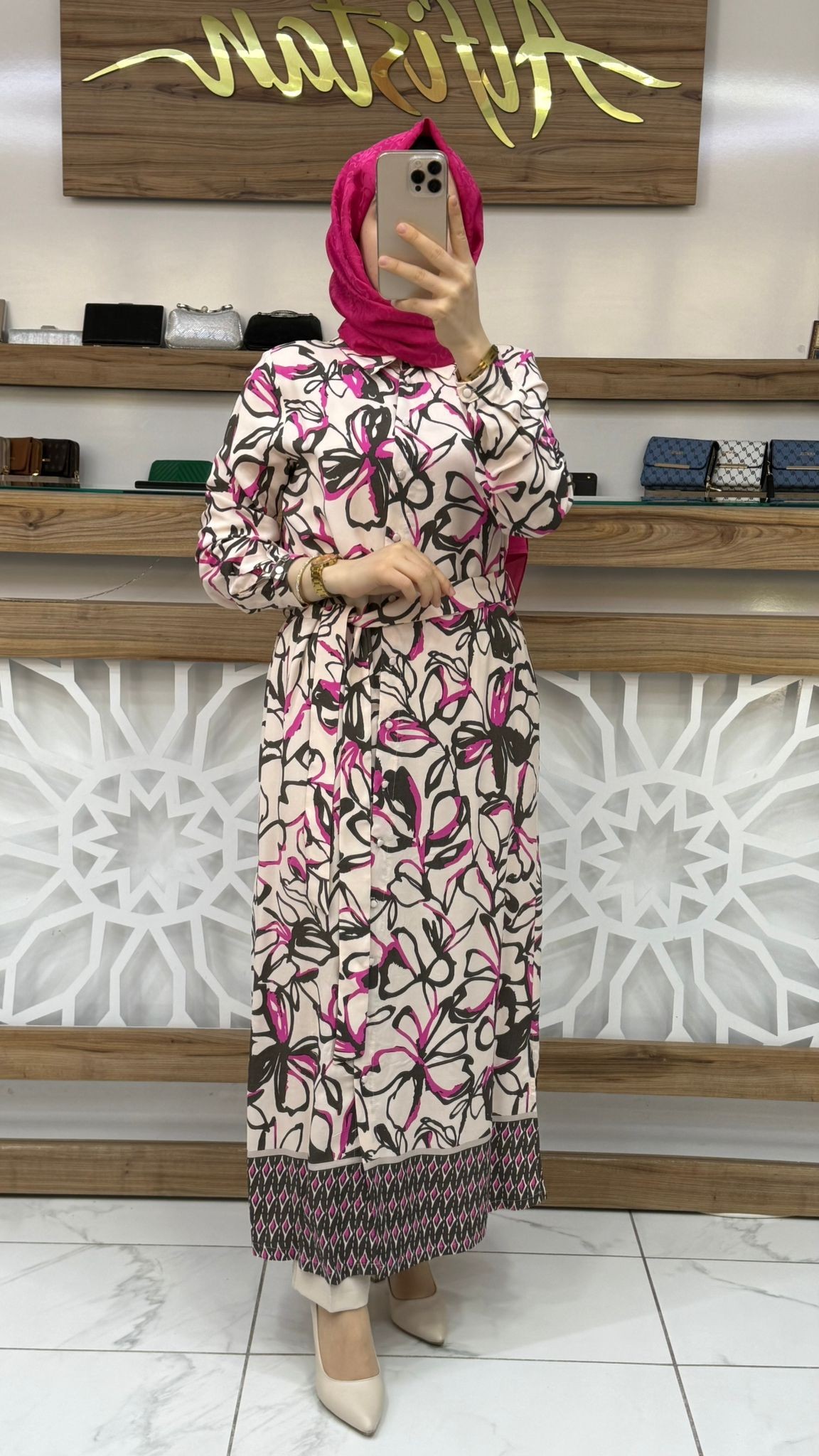 Desenli Uzun Tesettür Tunik armn 25YT421 - pembe
