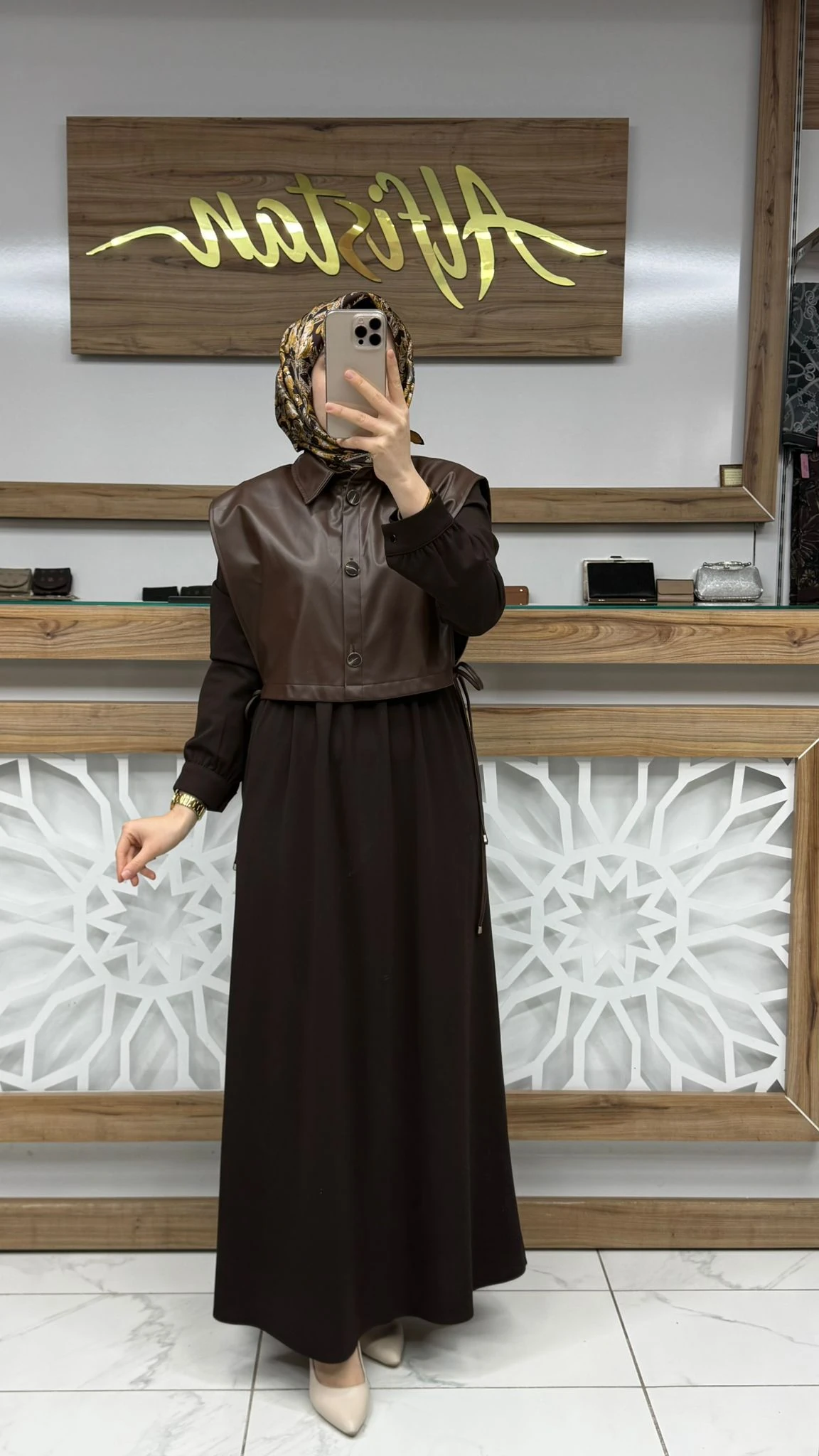 Deri Detaylı  Elbise çnrö 2255 - Kahvrengi