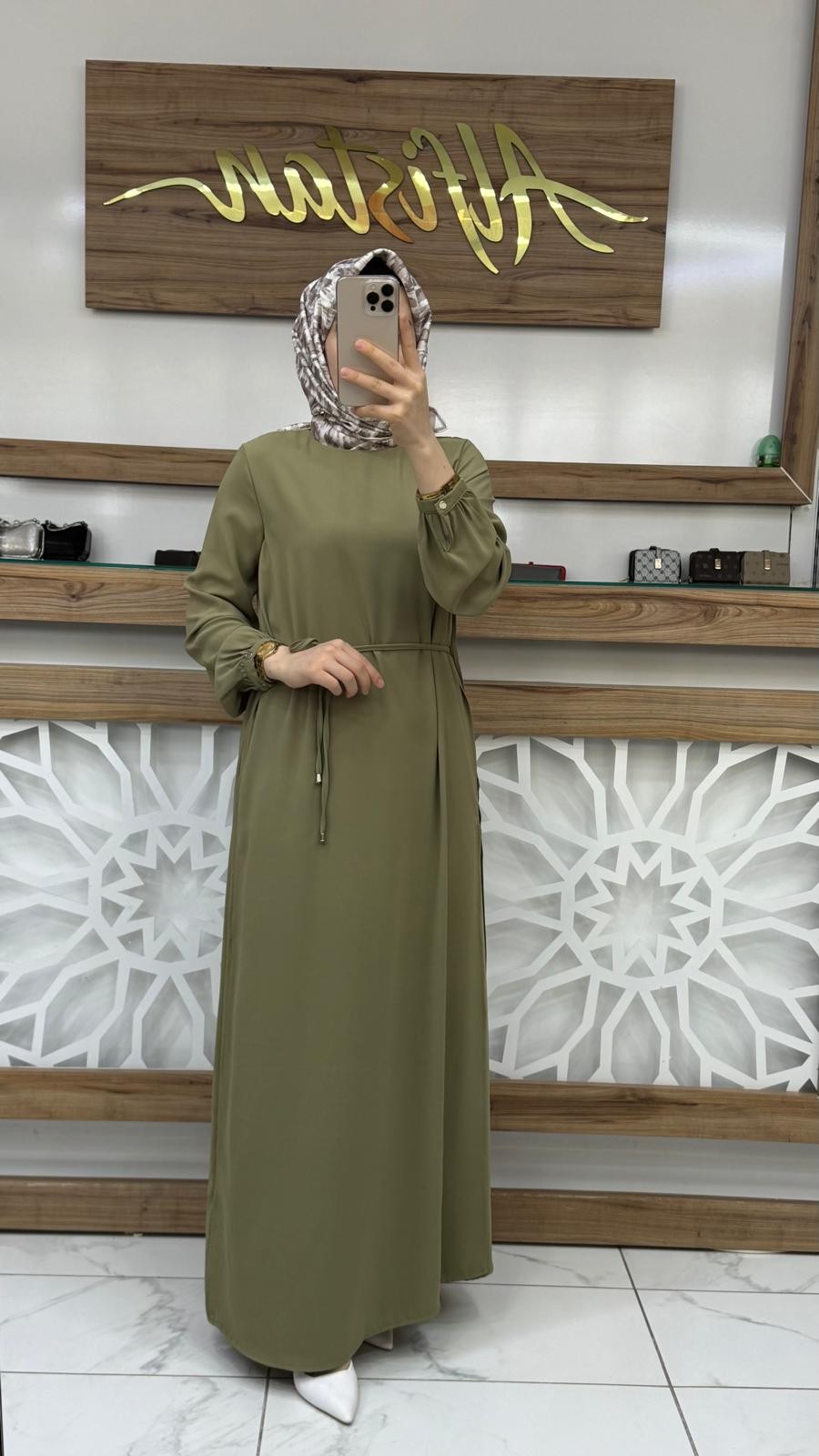Kolları Lastikli Astarlı Elbise  armn 25YT927   - küf yeşili