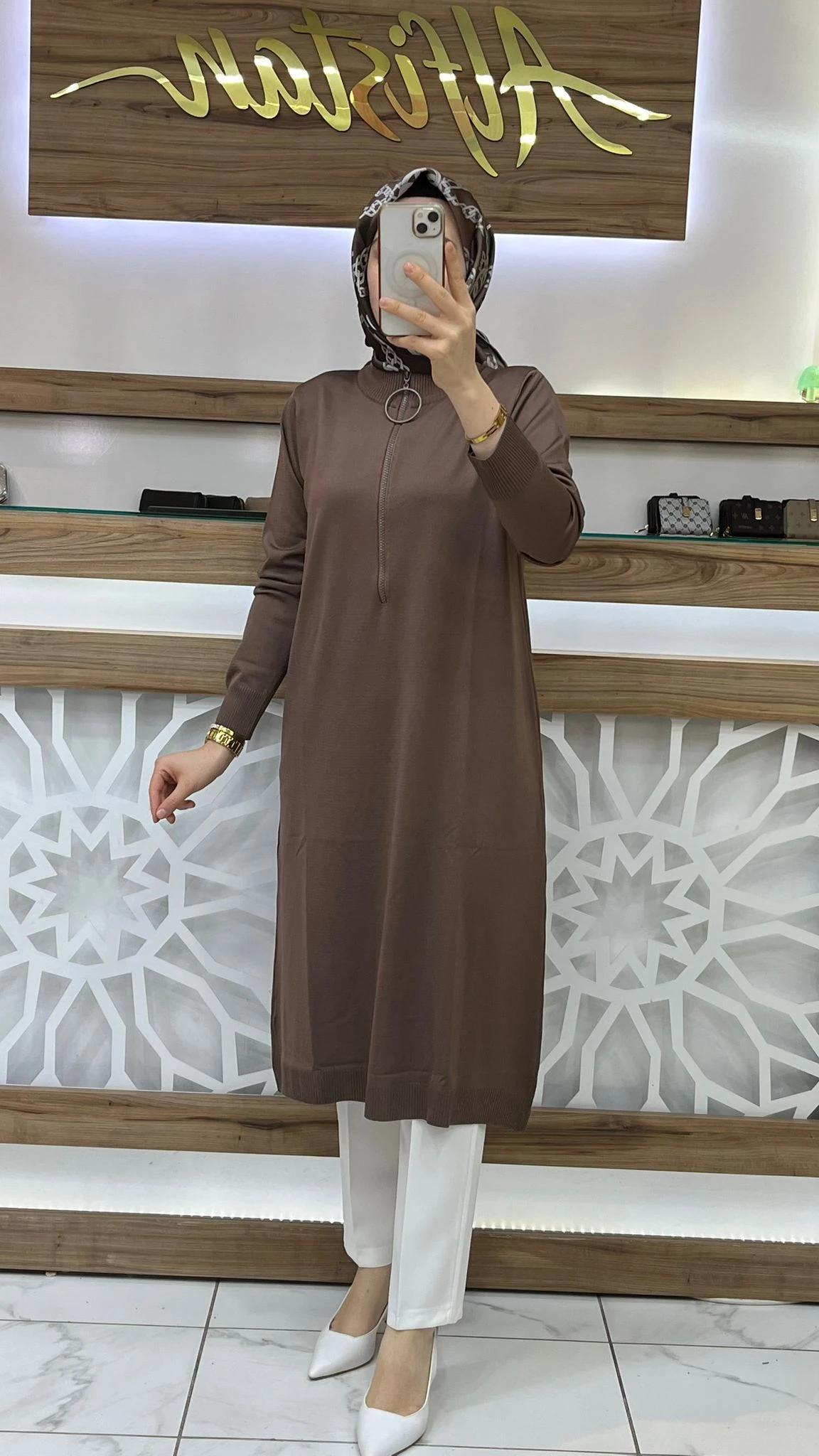 Fermuarlı Merserize Tunik armn 25YTD4113 - mocha